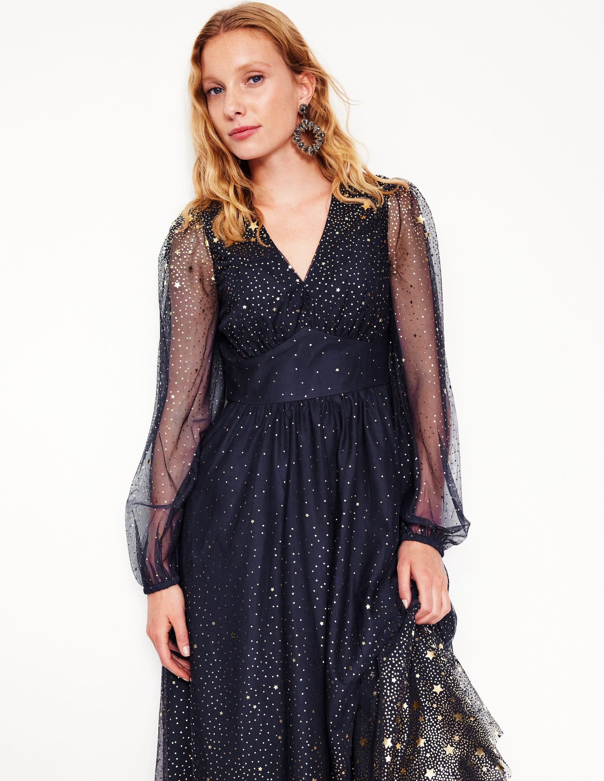 Christina Tulle Midi Dress-Navy, Foil Scattered Stars-4