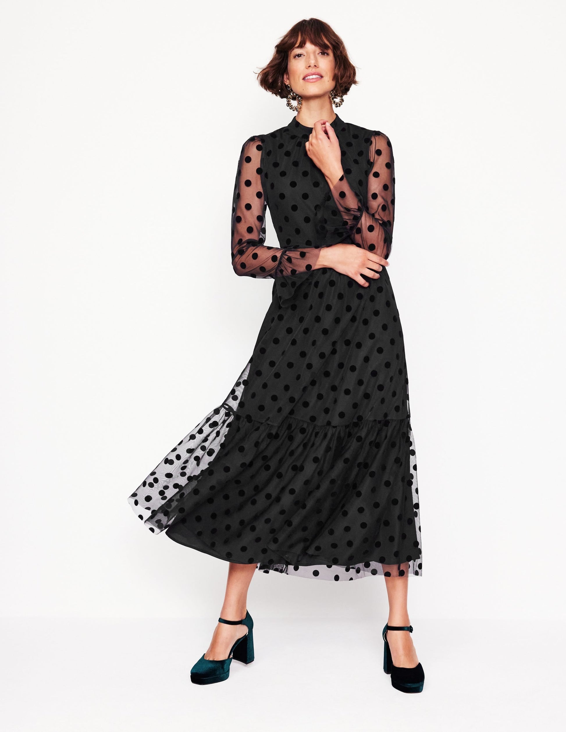 High Neck Tulle Tea Dress-Black Spot-1
