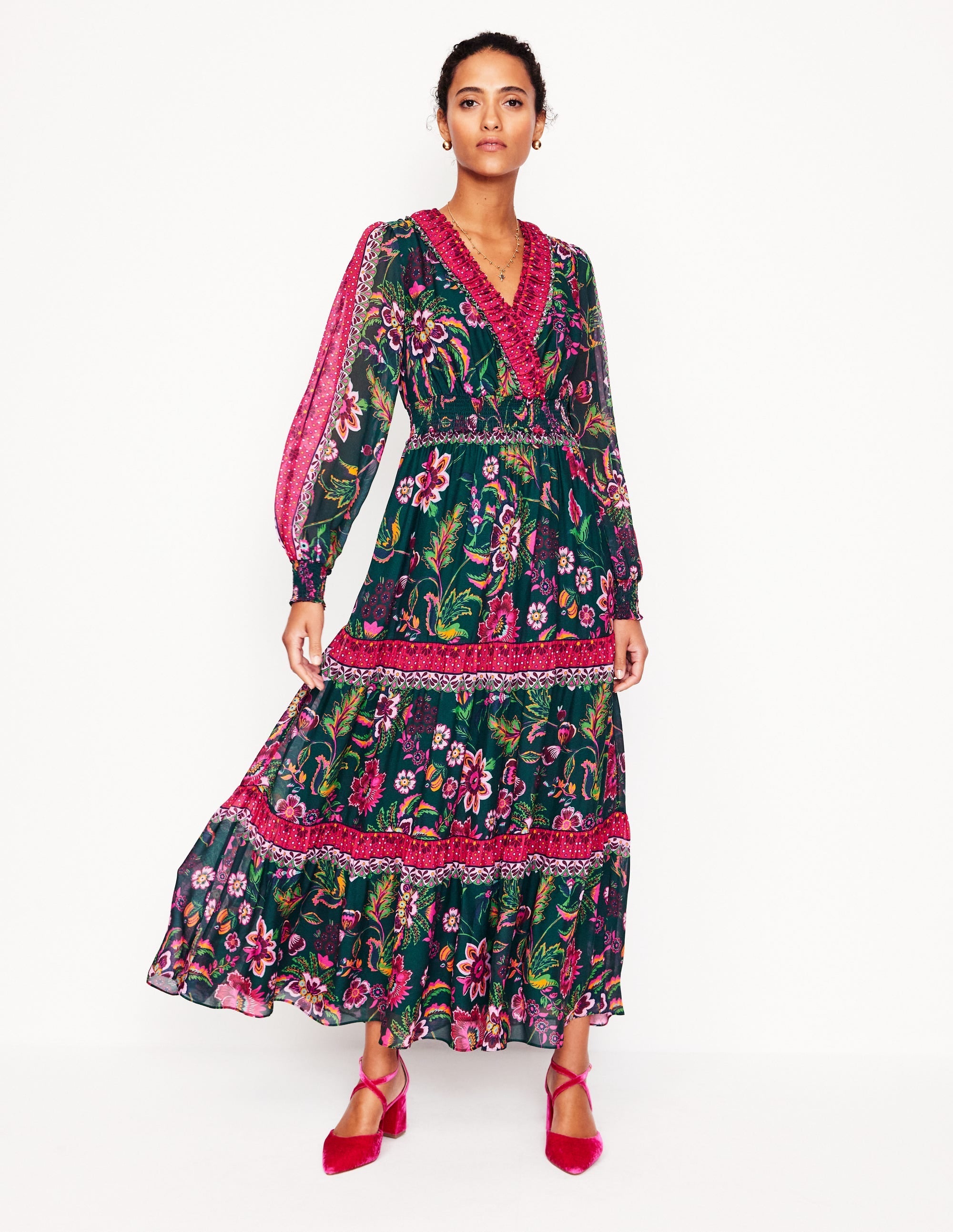 V-Neck Ruffle Maxi Dress-Multi, Blossom Flourish - Image 1