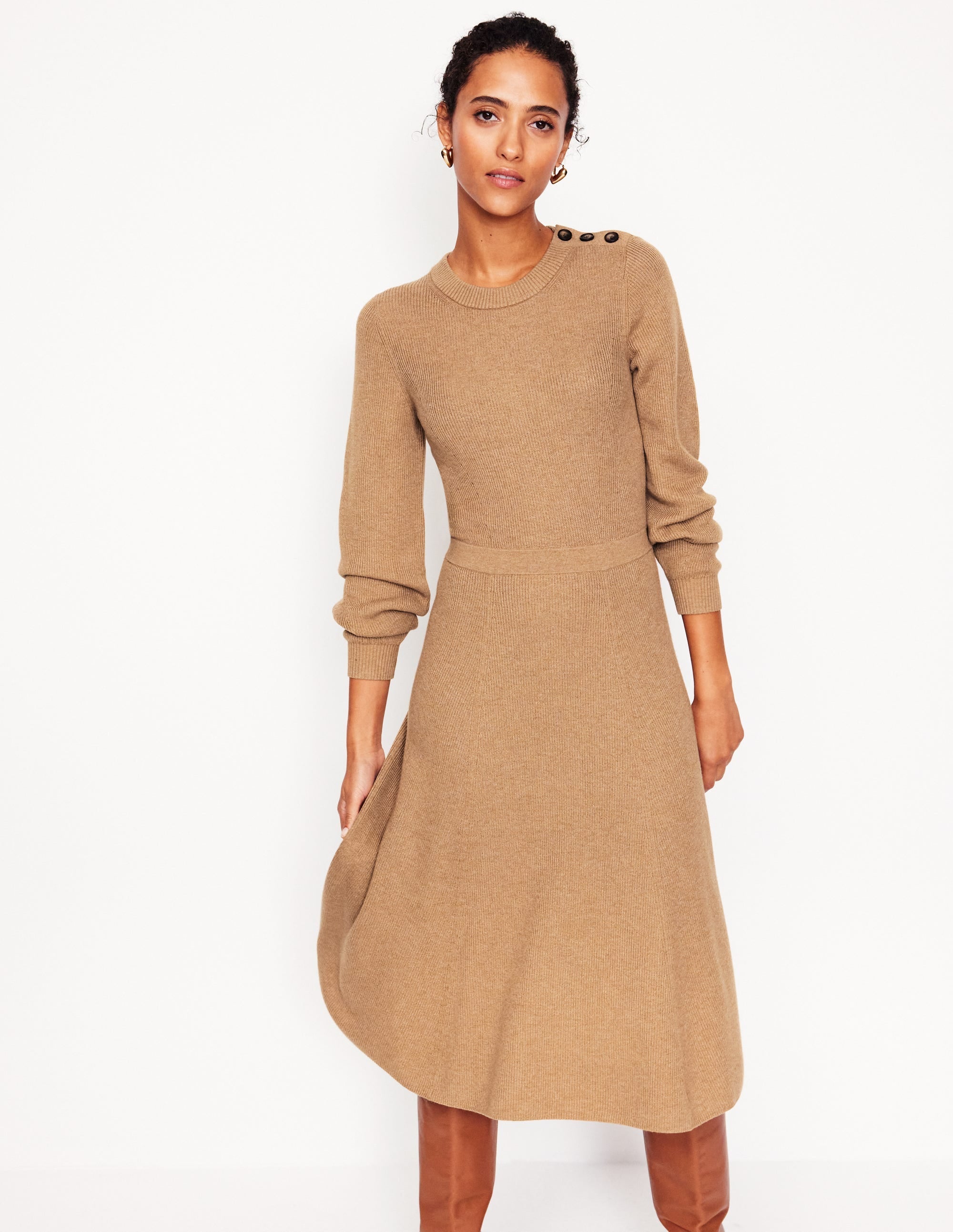 Button Shoulder Knitted Dress-Camel Melange - Image 1