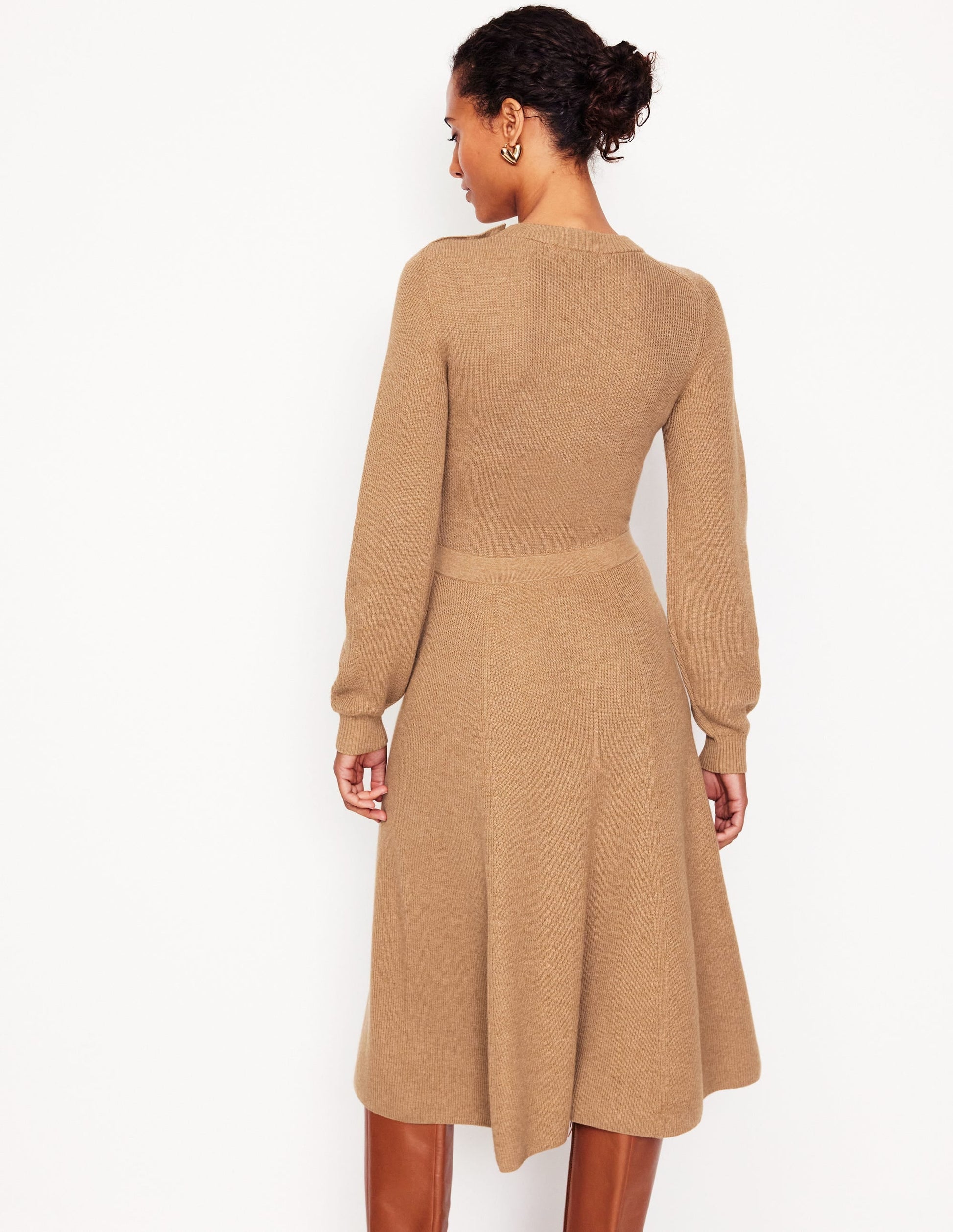 Button Shoulder Knitted Dress-Camel Melange-3