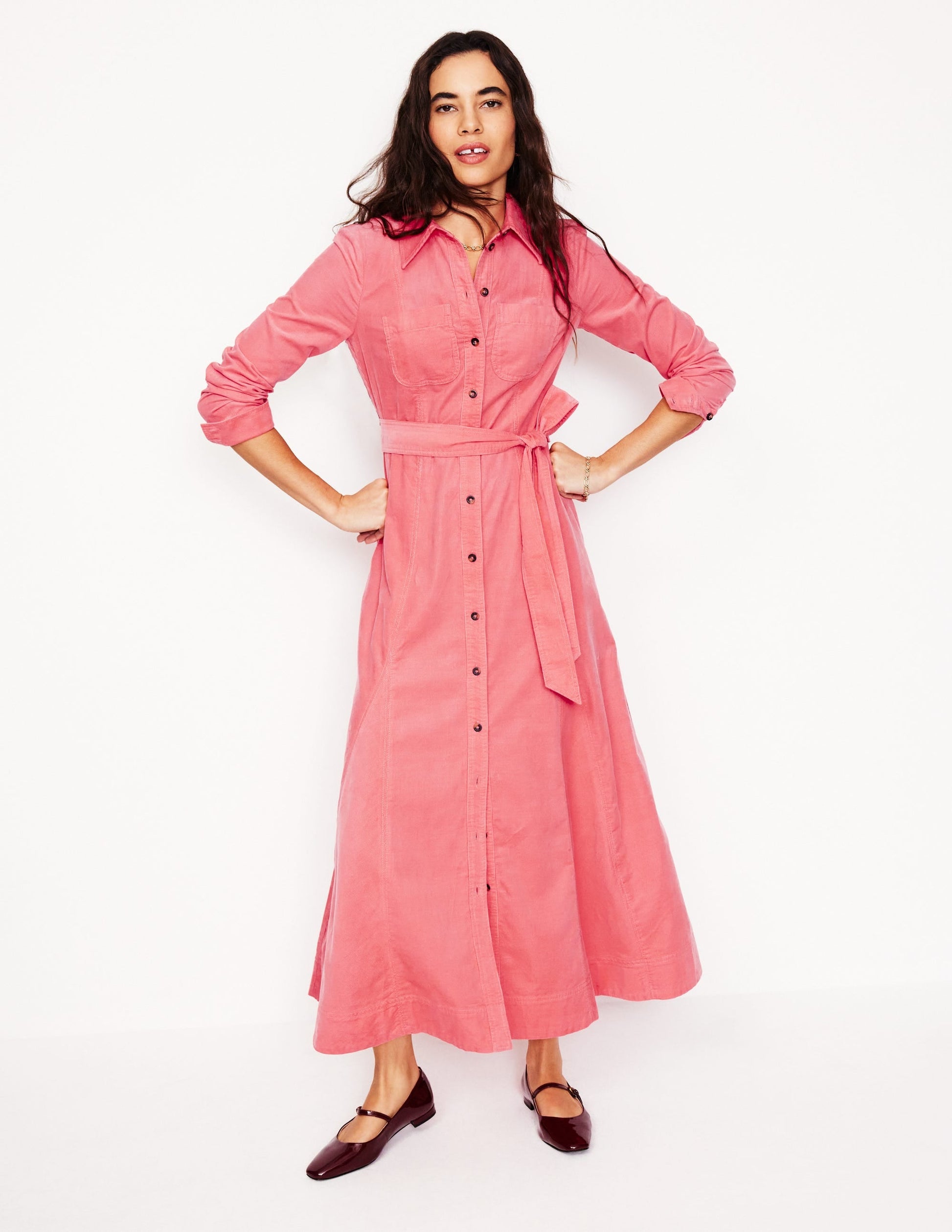 Tess Cord Midi Shirt Dress-Azalea Pink-1