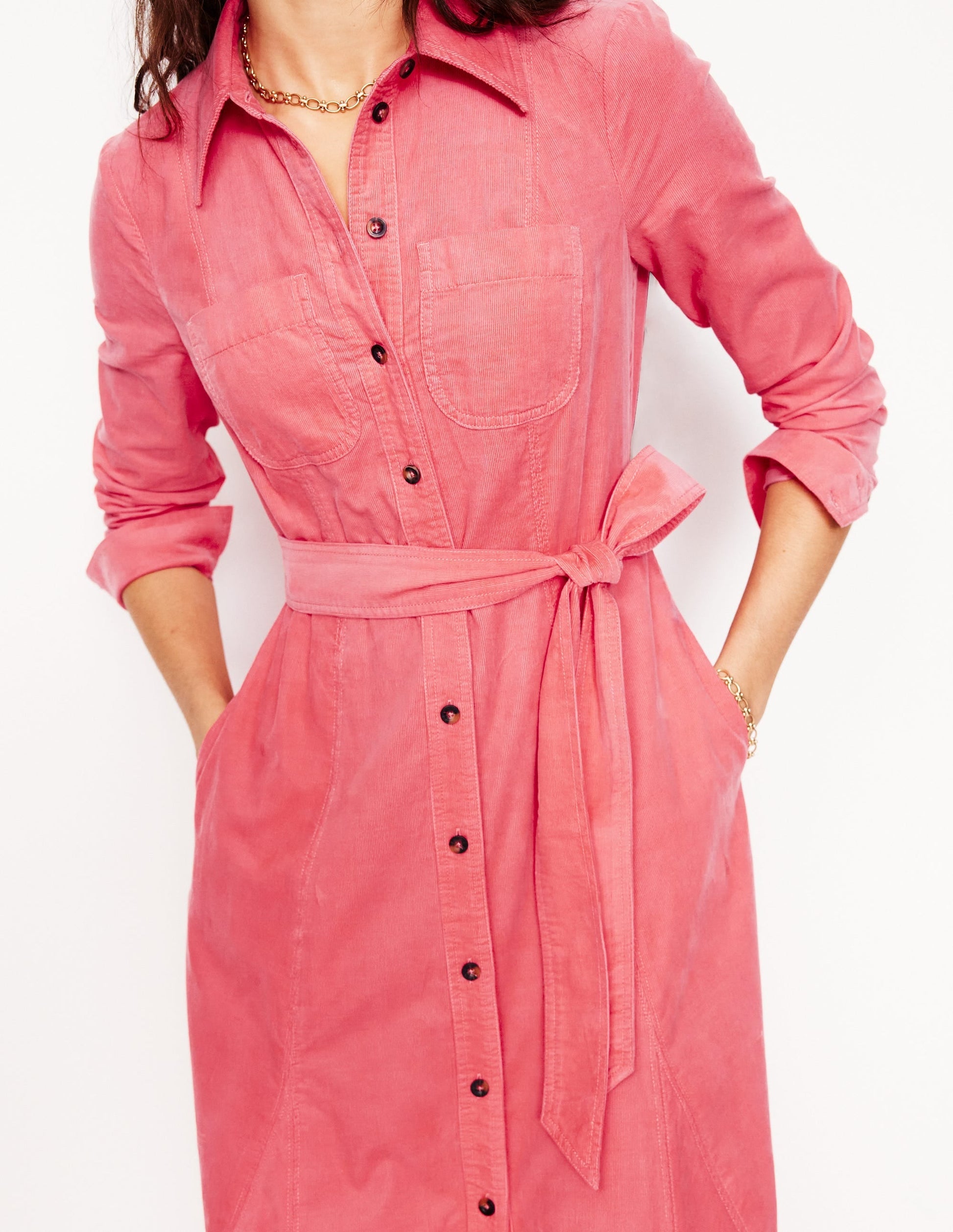Tess Cord Midi Shirt Dress-Azalea Pink-2
