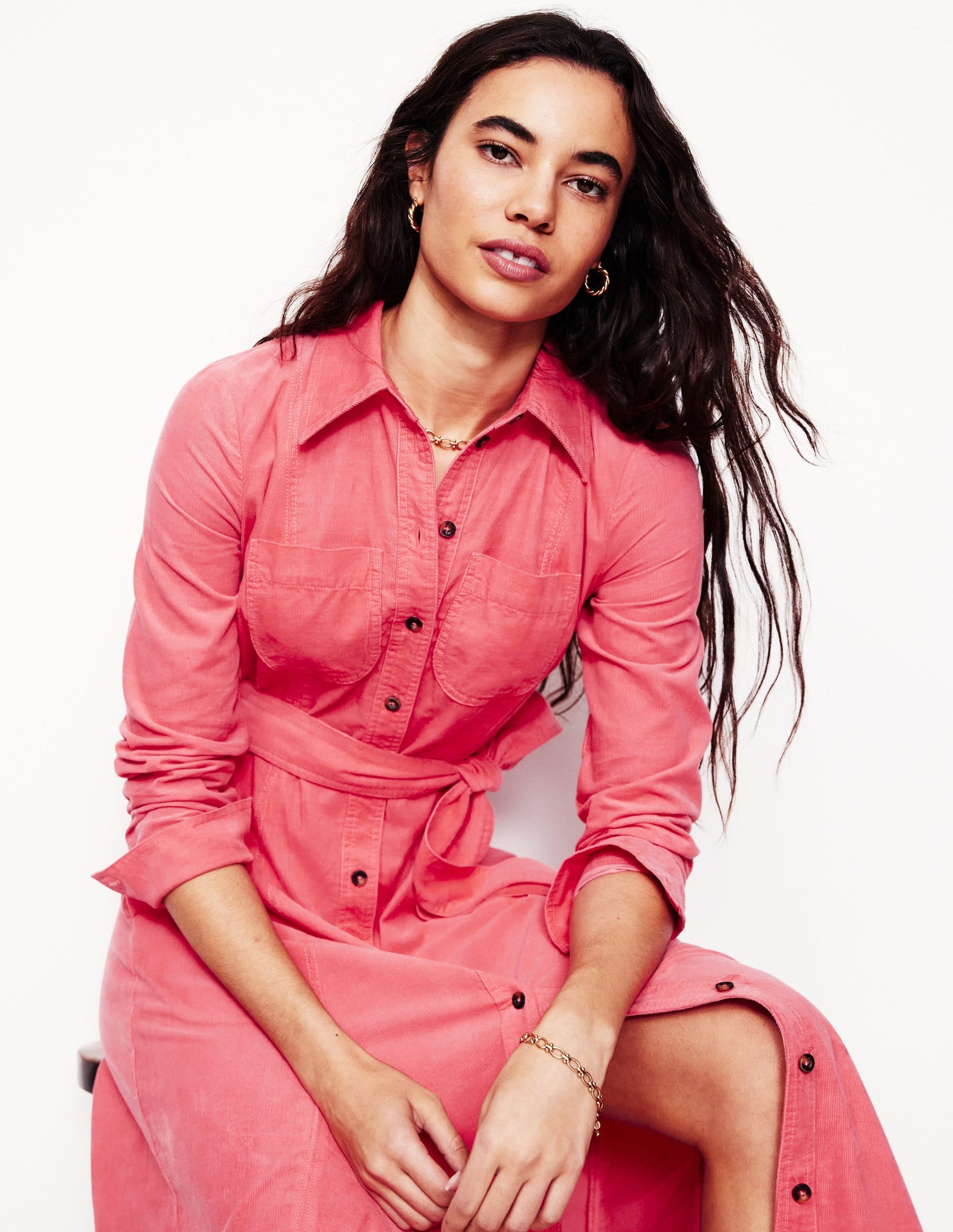 Tess Cord Midi Shirt Dress-Azalea Pink-4