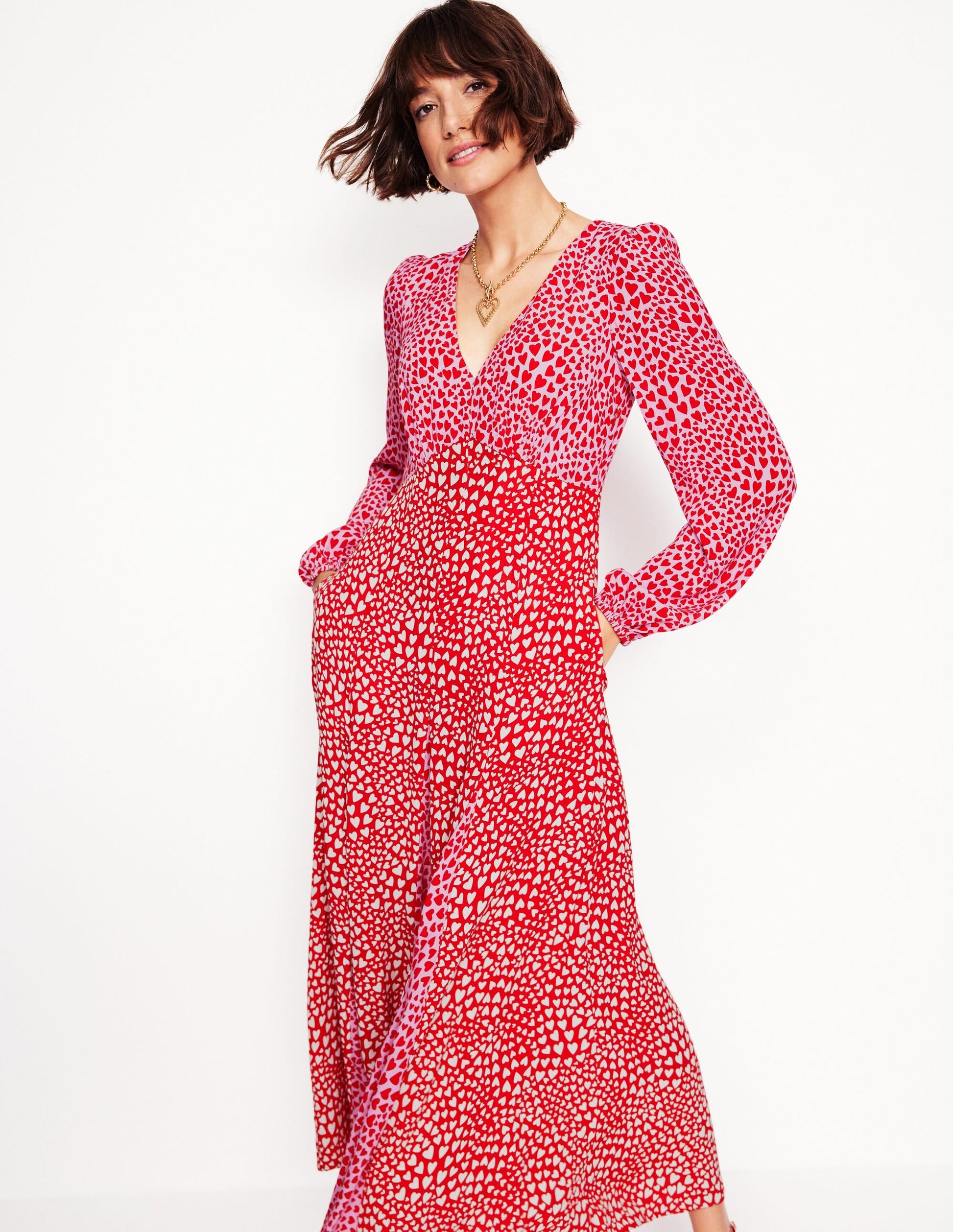 Lisa Long Sleeve Tea Dress-Pink, Heart Cluster-1