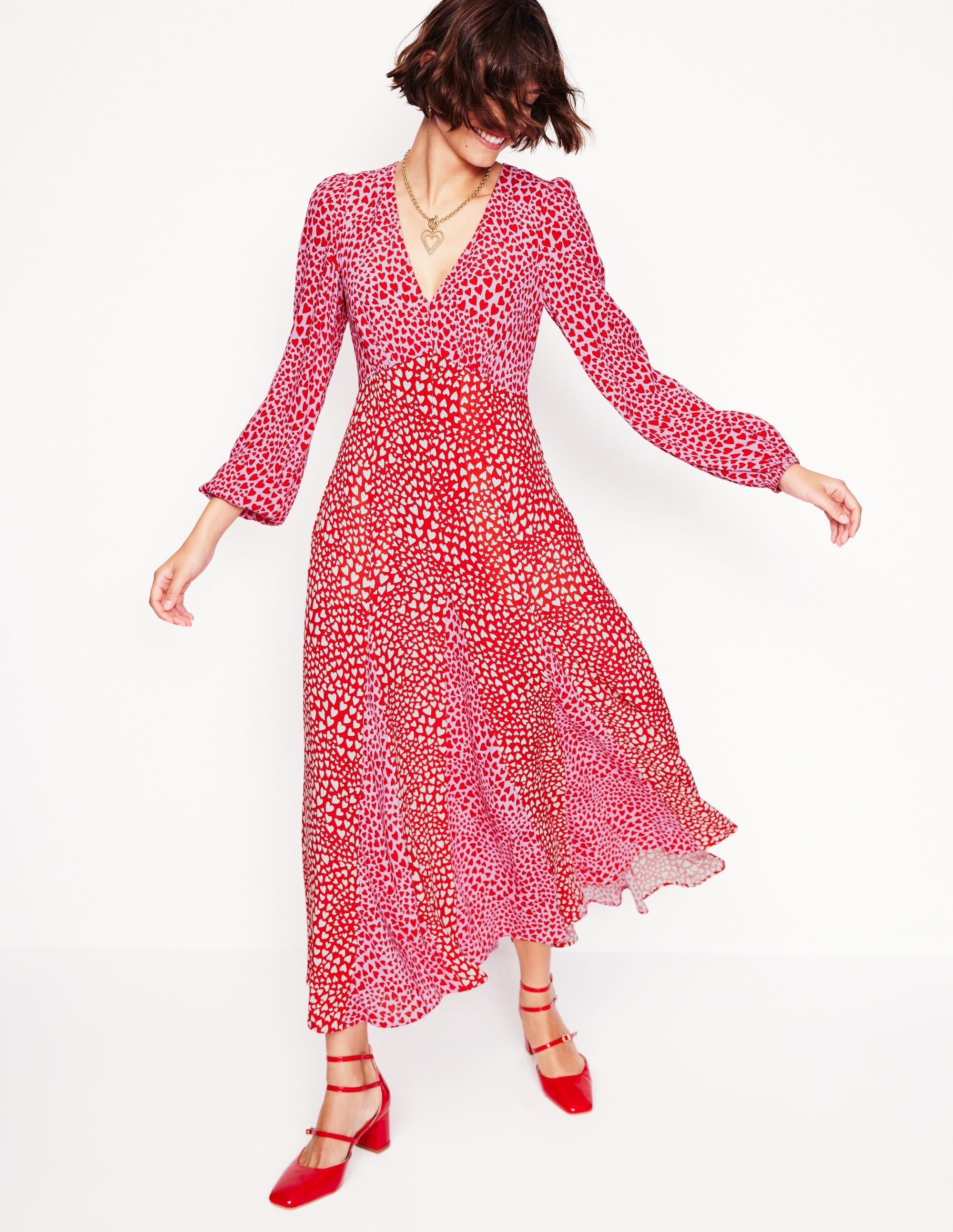 Lisa Long Sleeve Tea Dress-Pink, Heart Cluster - Image 2