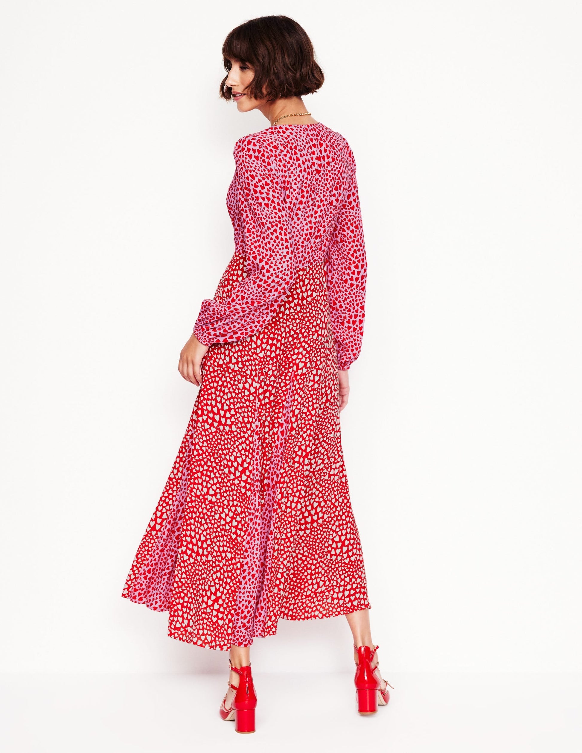 Lisa Long Sleeve Tea Dress-Pink, Heart Cluster-4