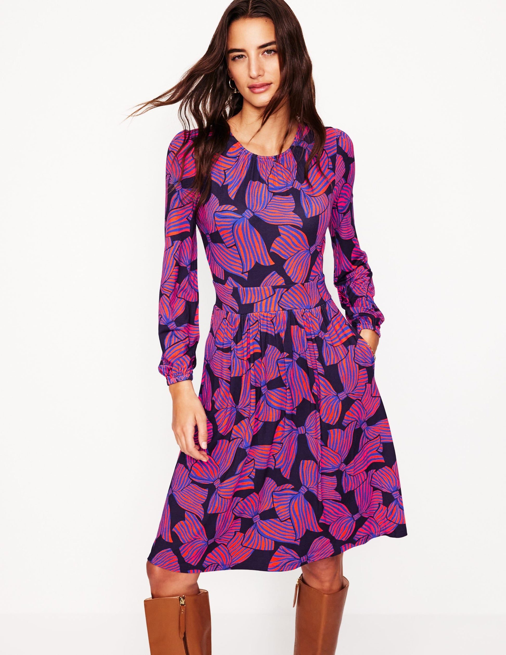 Alexandra Blouson Jersey Dress-French Navy, Bow Scatter-1