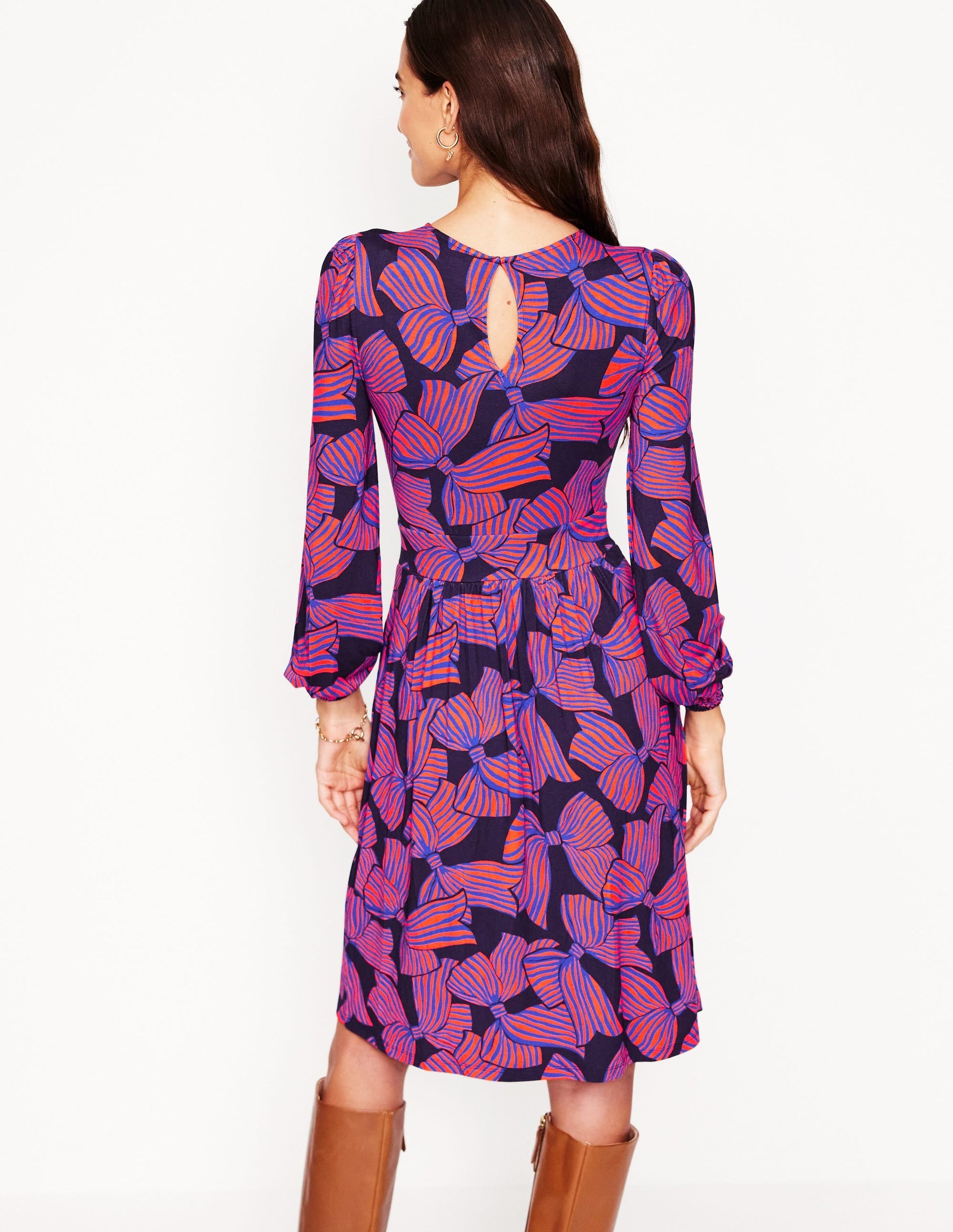 Alexandra Blouson Jersey Dress-French Navy, Bow Scatter-3