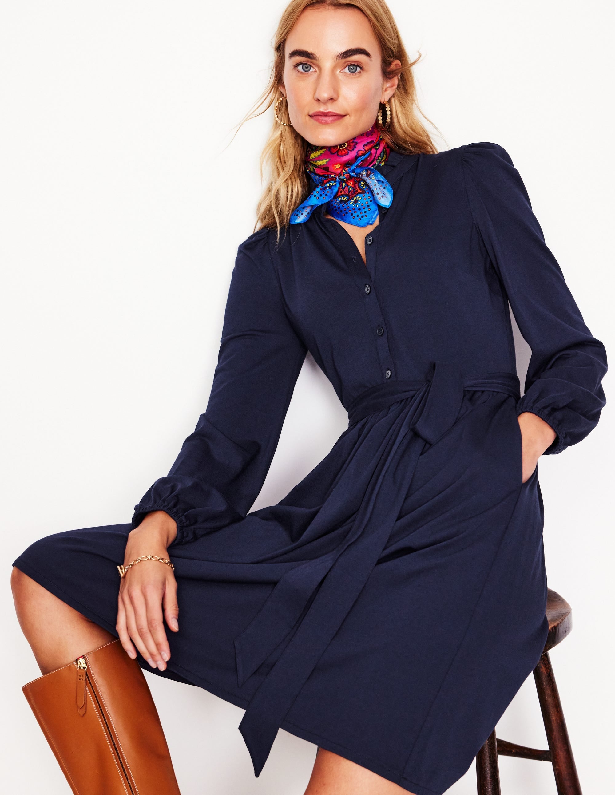 Willow Frill Short Shirt Dress-Navy - Image 1