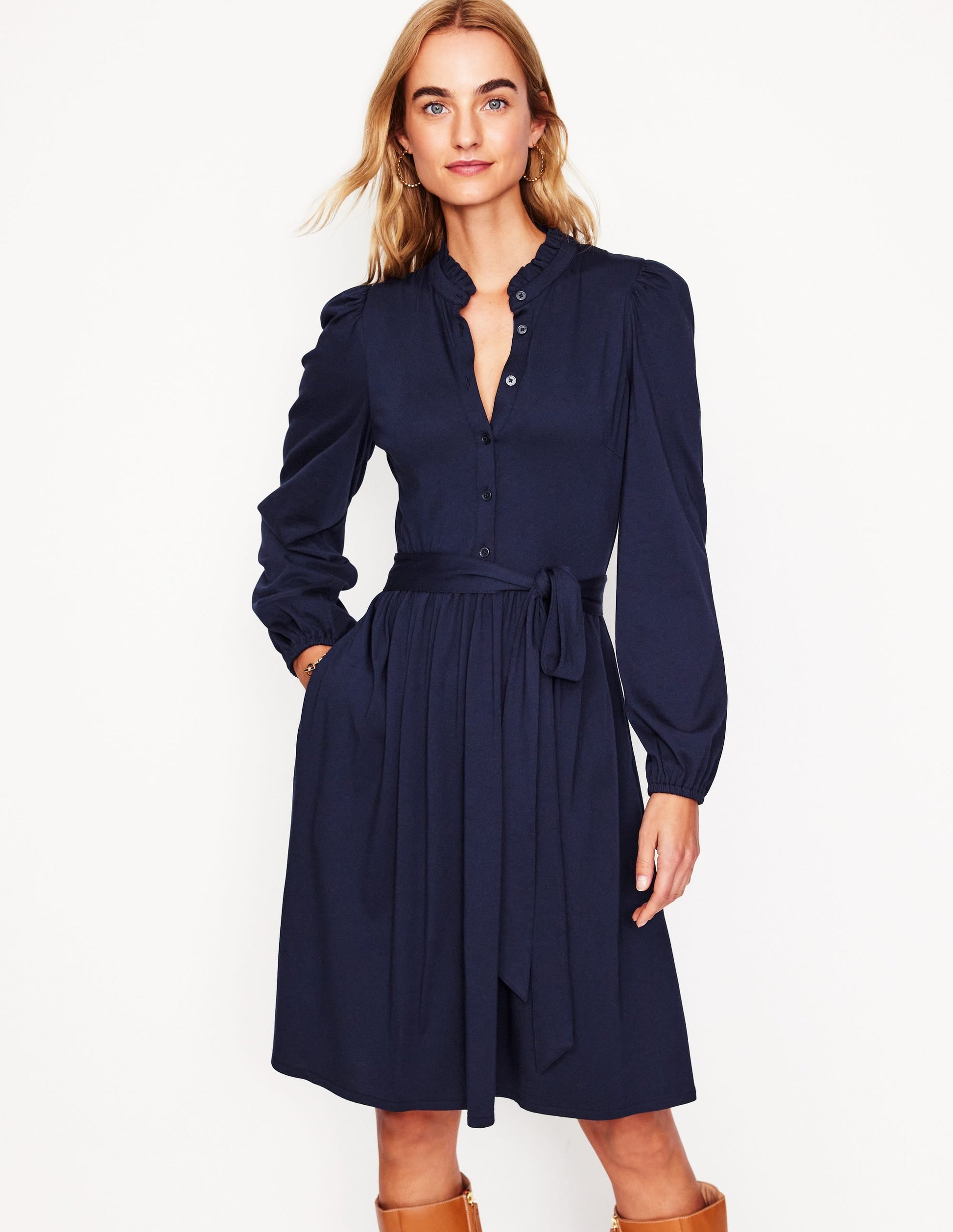 Willow Frill Short Shirt Dress-Navy-4