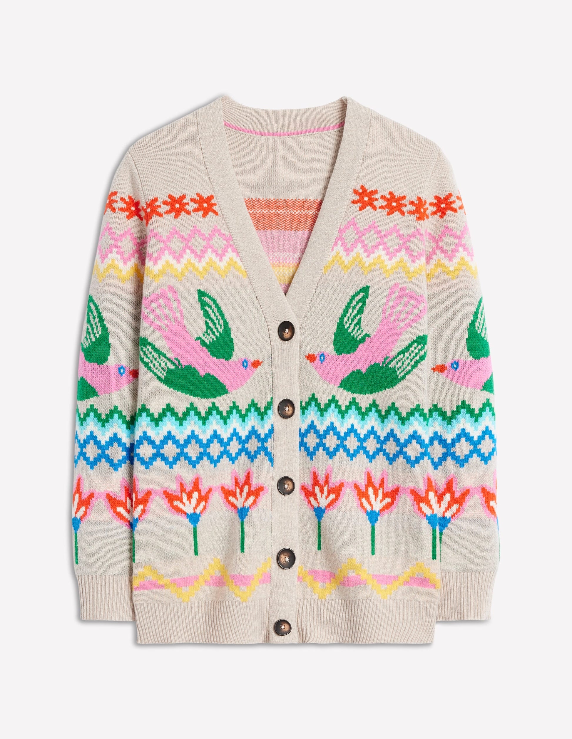 Fair Isle Boyfriend Cardigan-Oatmeal Melange, Birds-2