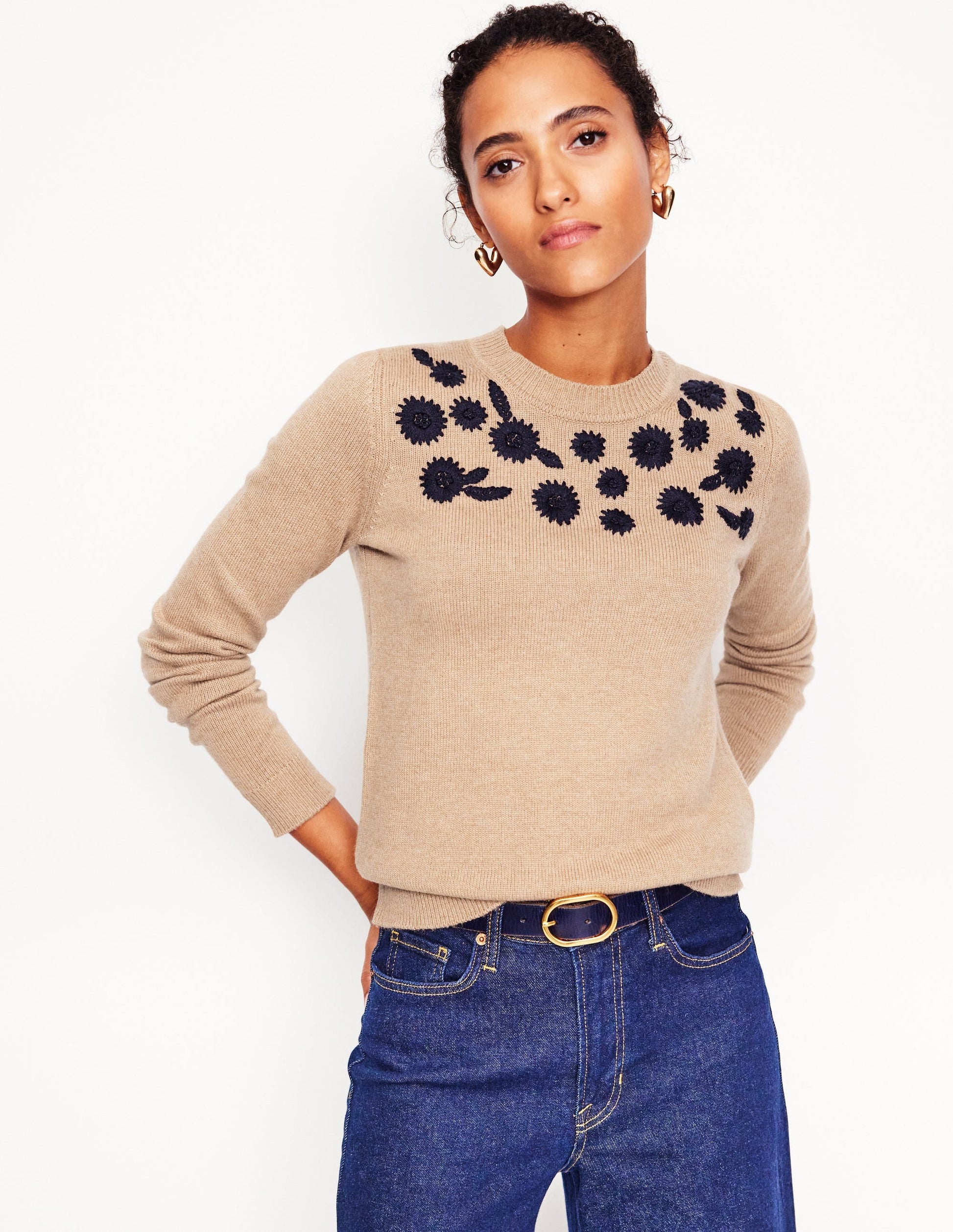 Embroidered Floral Jumper-Camel Melange-1
