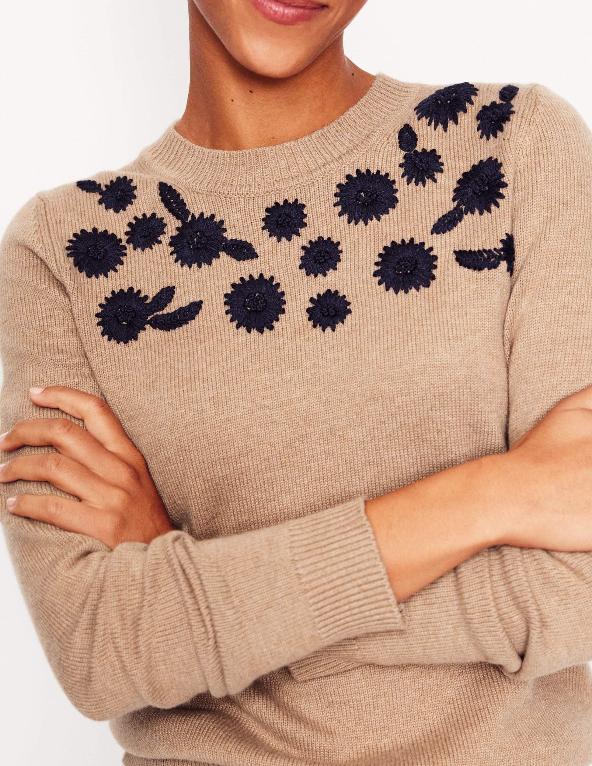 Embroidered Floral Jumper-Camel Melange-2