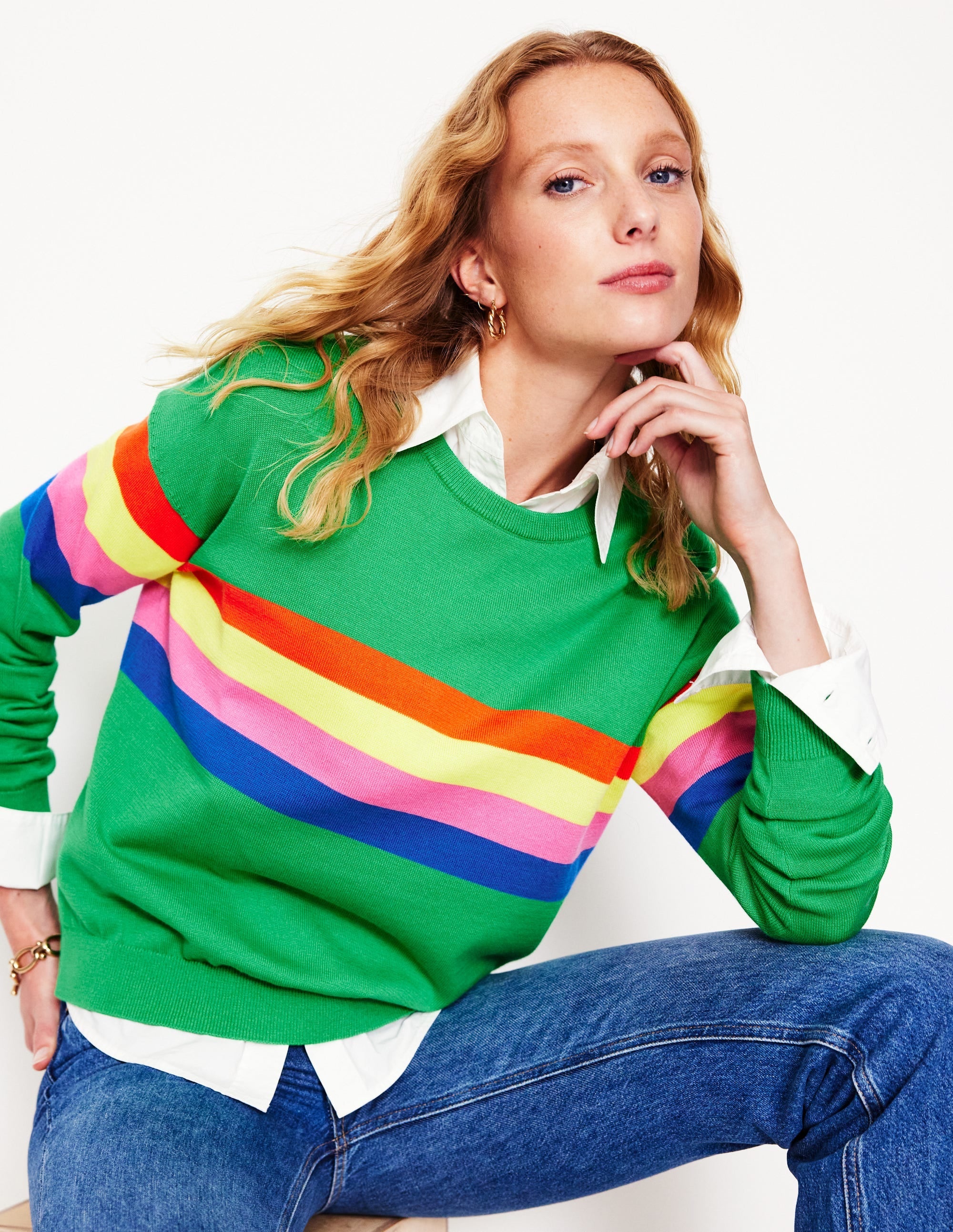 Lara Relaxed Cotton Jumper-Bright Green Chest Stripe - Image 2