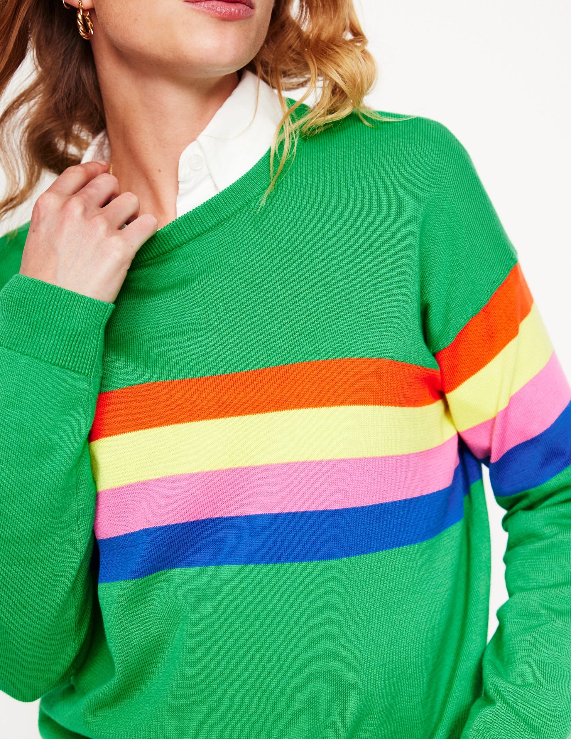 Lara Relaxed Cotton Jumper-Bright Green Chest Stripe-3