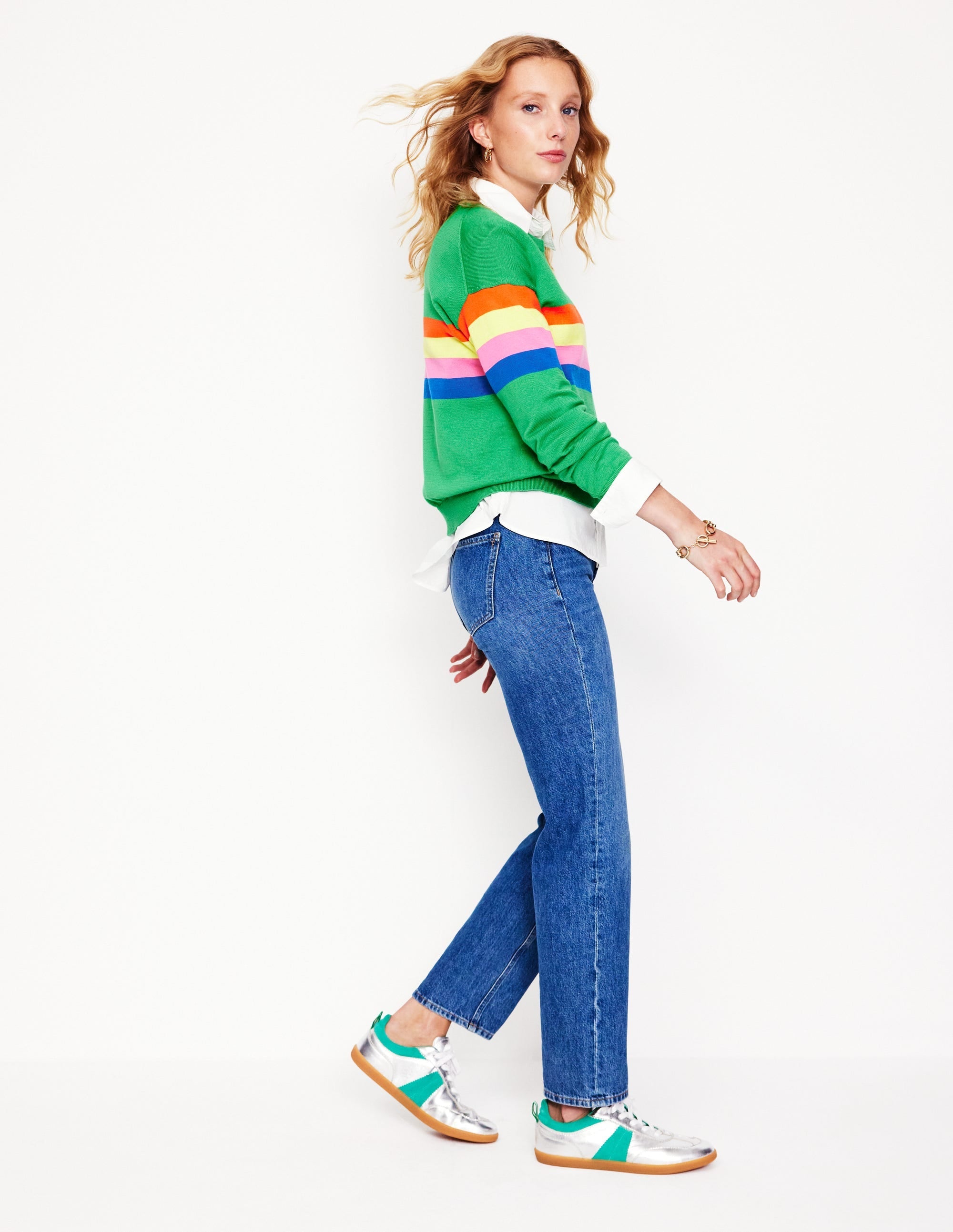 Lara Relaxed Cotton Jumper-Bright Green Chest Stripe - Image 5