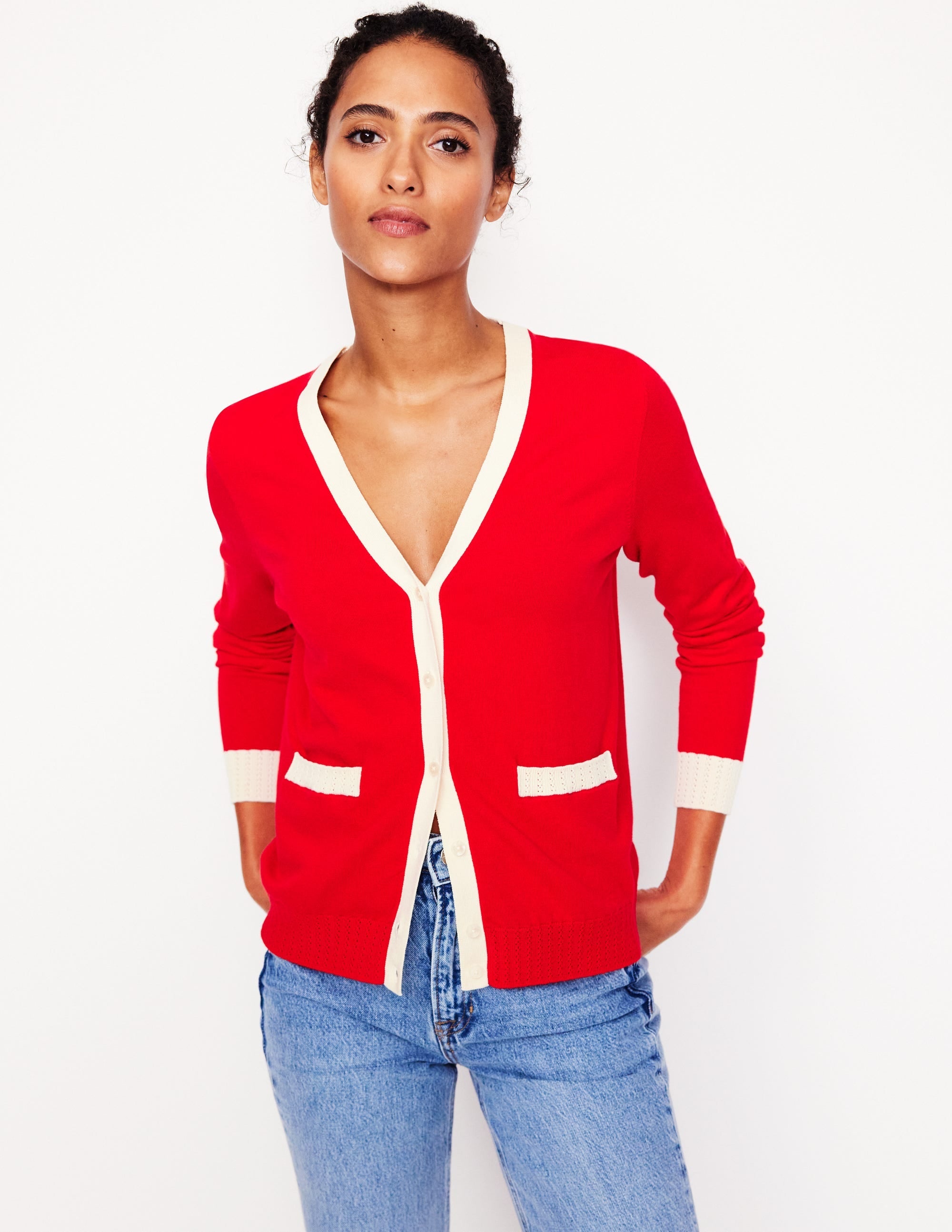 Emilia Cotton V Neck Cardigan-Poppy Red - Image 1