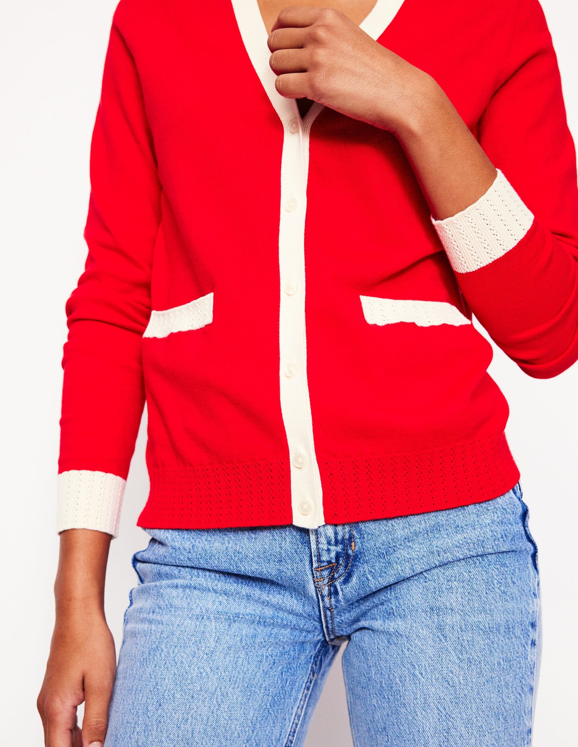 Emilia Cotton V Neck Cardigan-Poppy Red-2