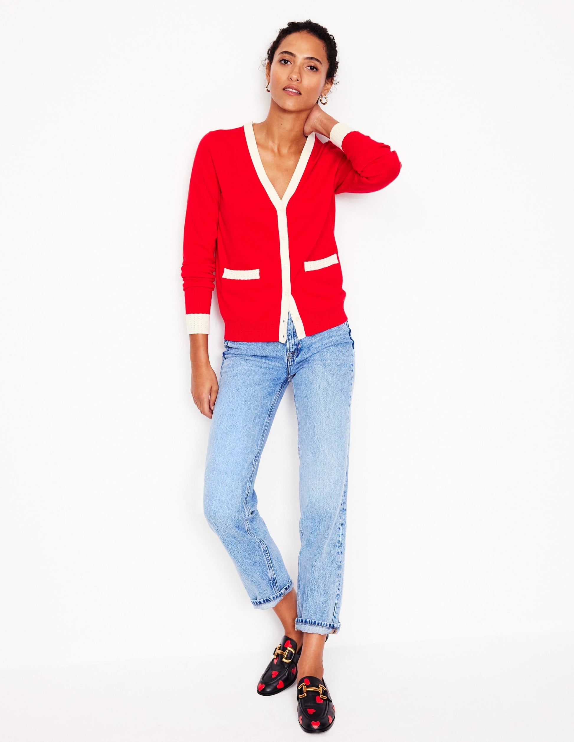 Emilia Cotton V Neck Cardigan-Poppy Red-4