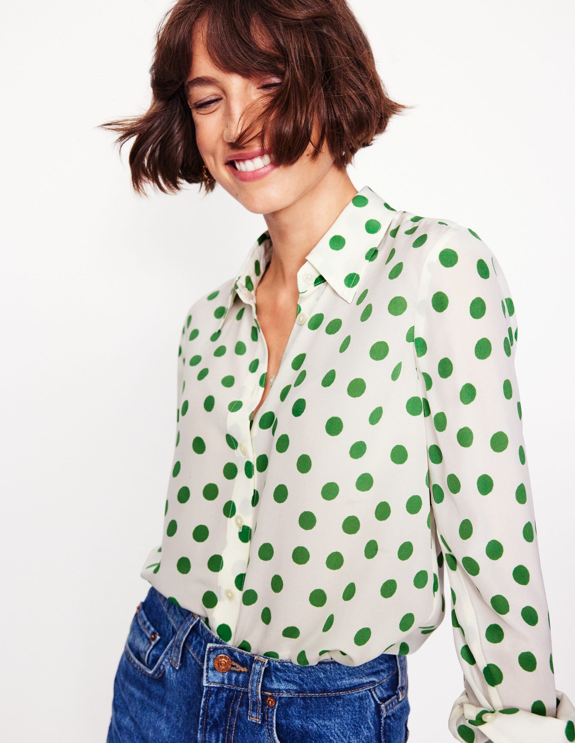 Sienna Silk Shirt-Ivory, Green Abstract Dot-1
