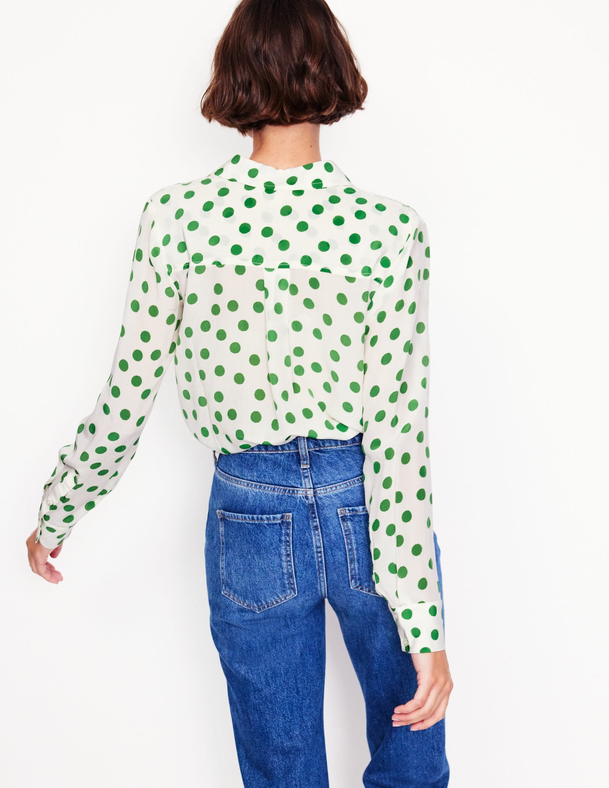 Sienna Silk Shirt-Ivory, Green Abstract Dot-3