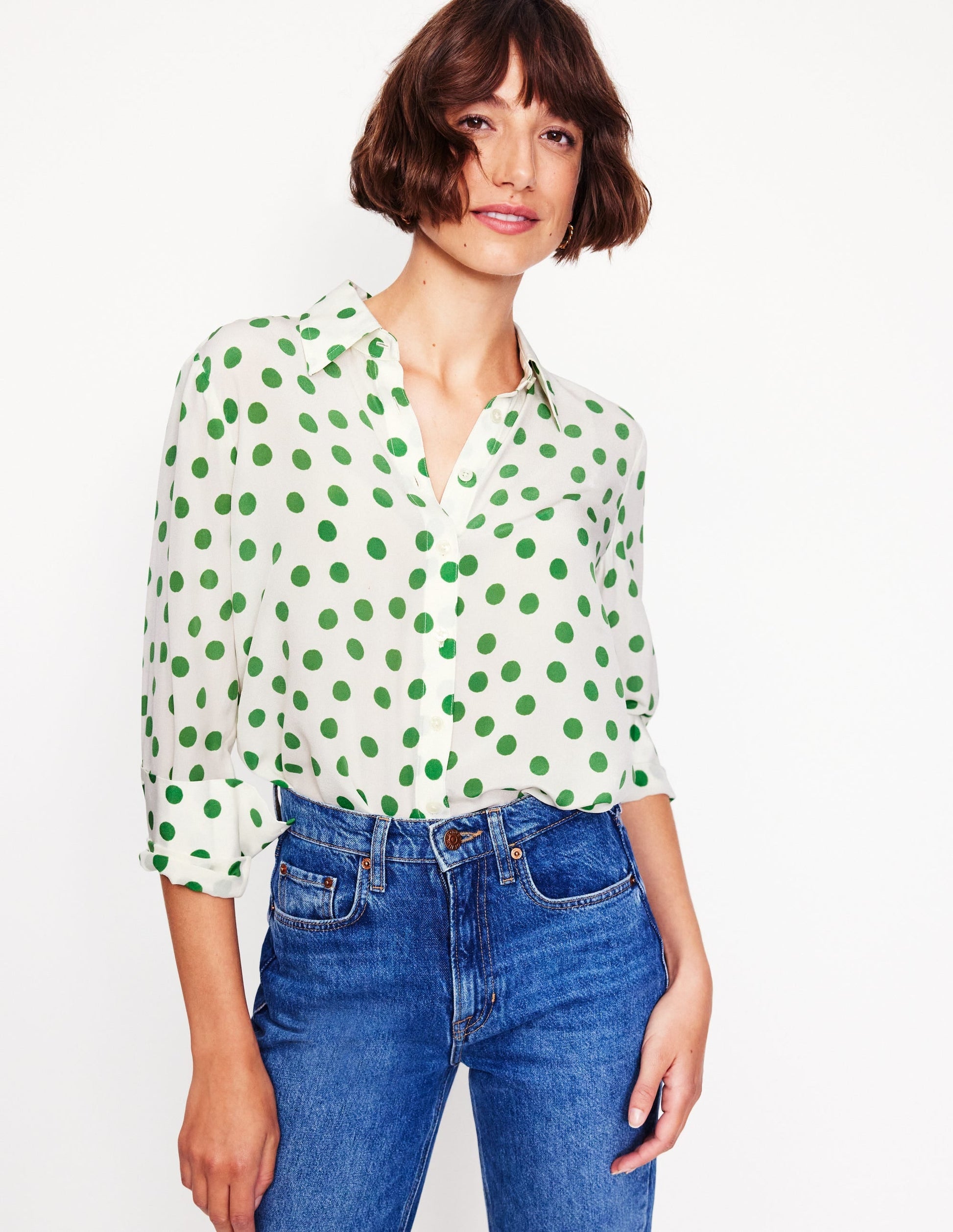 Sienna Silk Shirt-Ivory, Green Abstract Dot-4