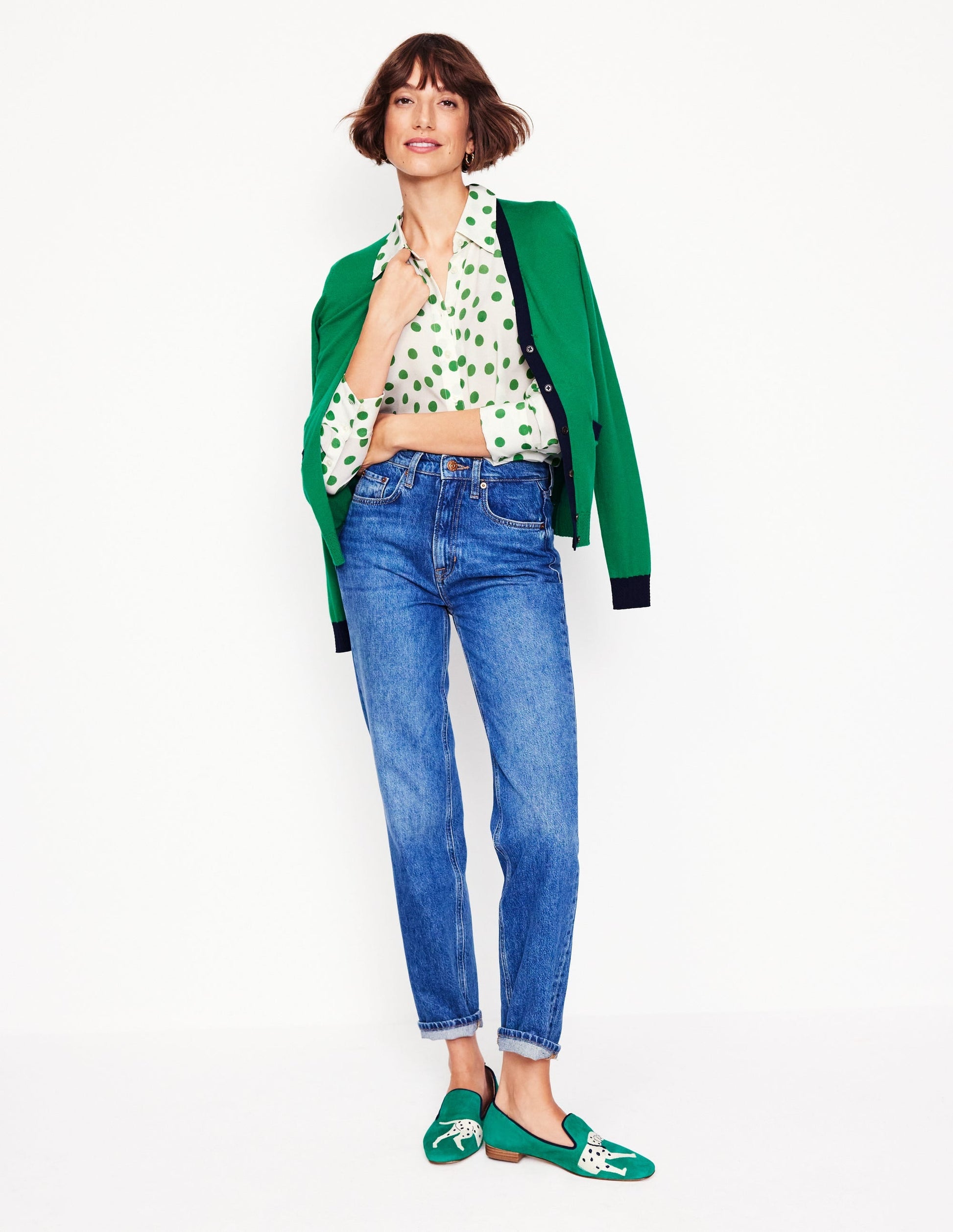 Sienna Silk Shirt-Ivory, Green Abstract Dot-5