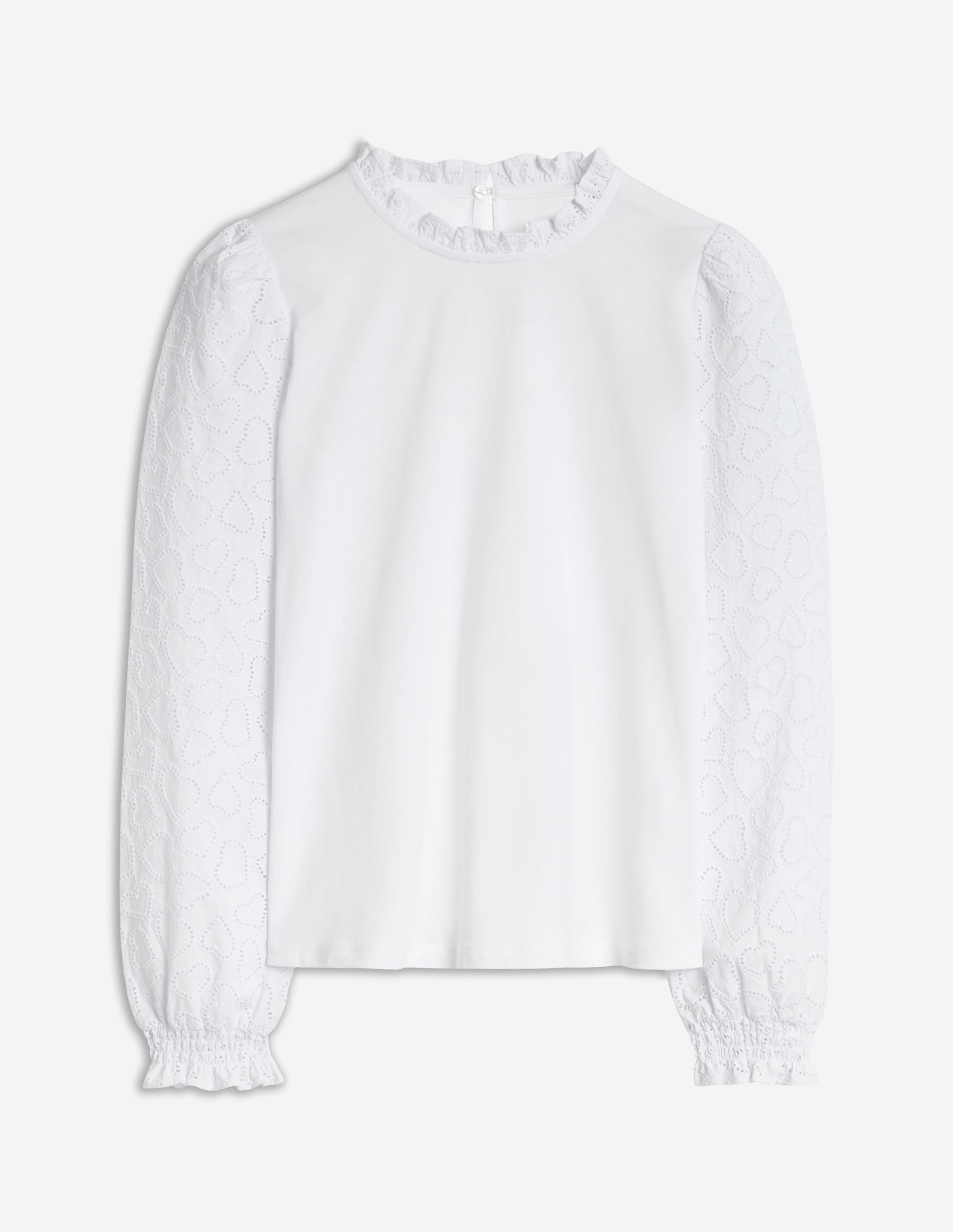 Broderie Sleeve Frill Neck Top-White-5