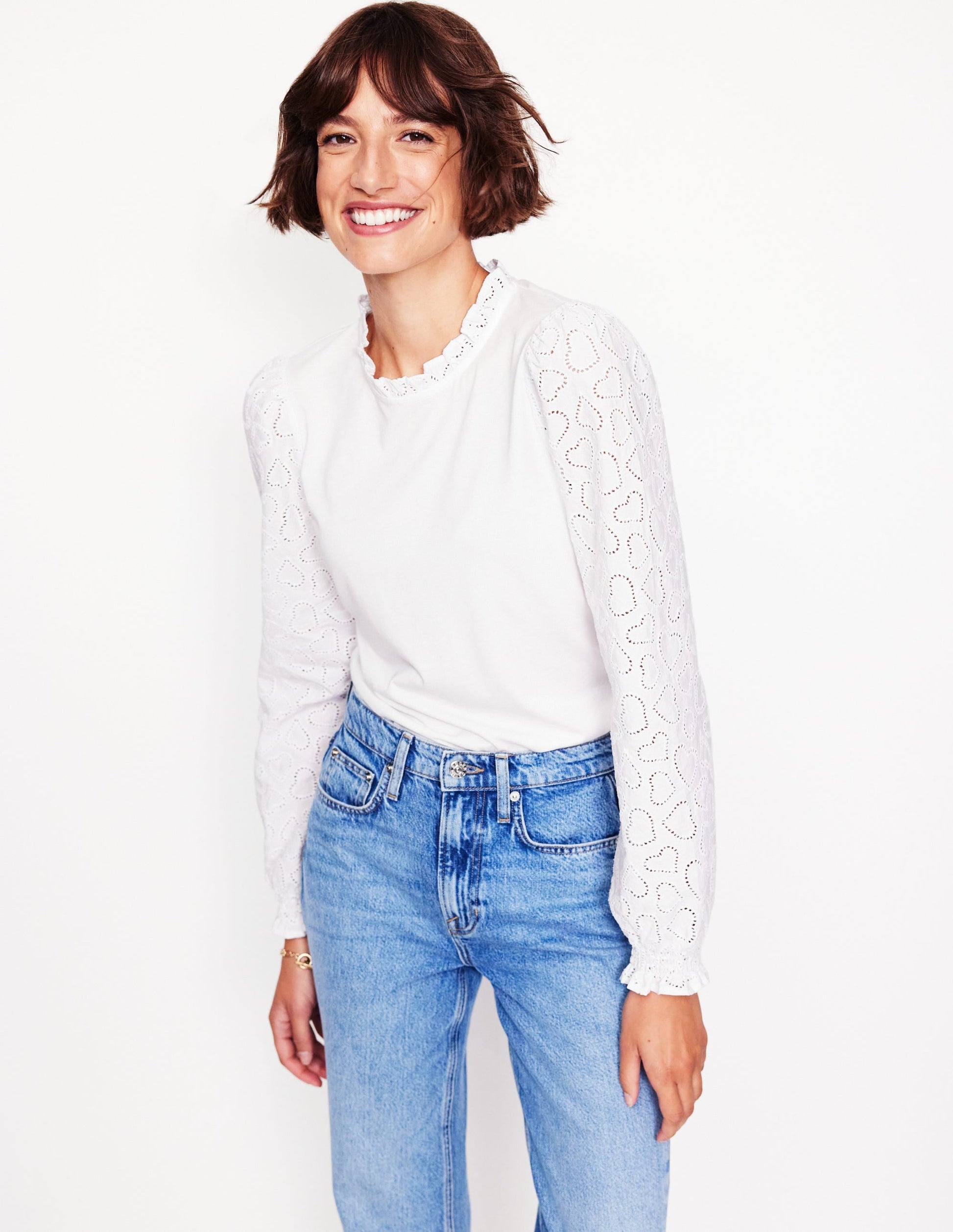 Broderie Sleeve Frill Neck Top-White-4