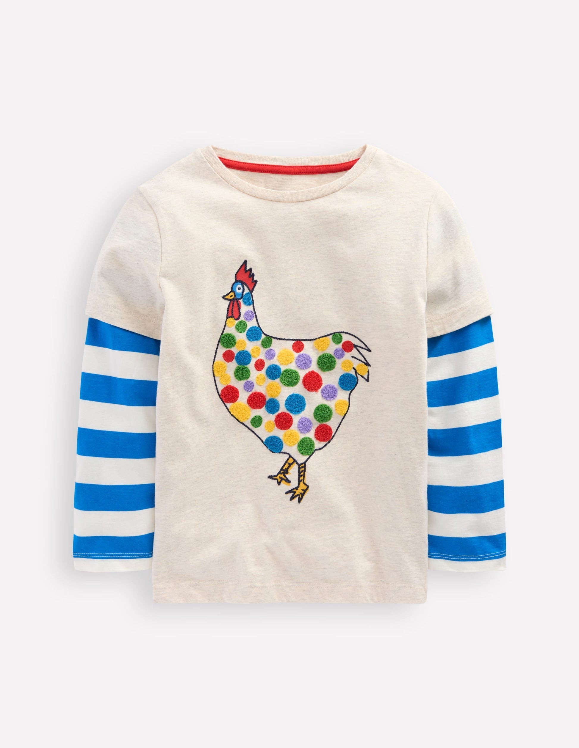 Applique Mock Sleeve T-Shirt-Oatmeal Marl Chicken-1