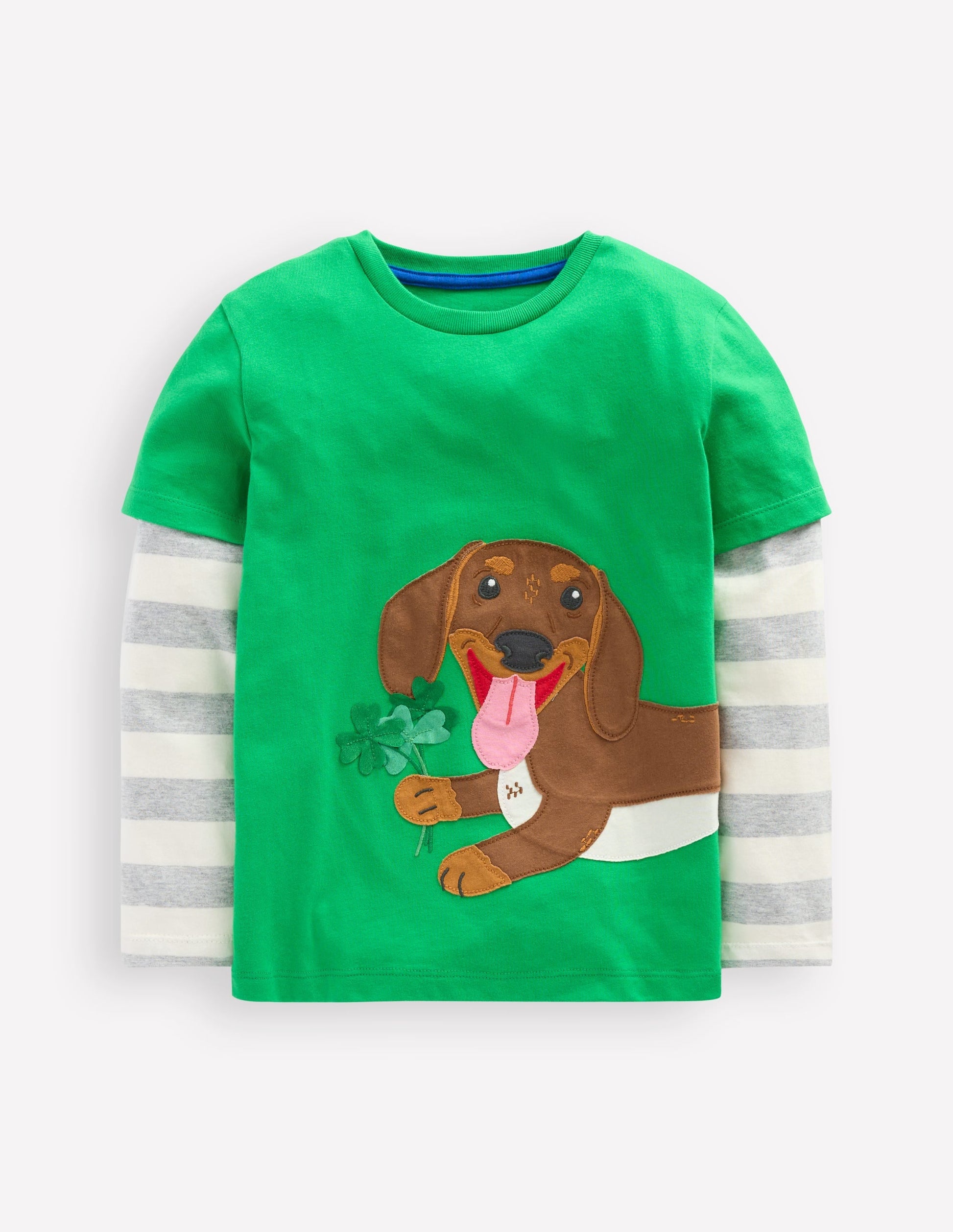 Applique Mock Sleeve T-Shirt-Sapling Green St Paddys Dog-1