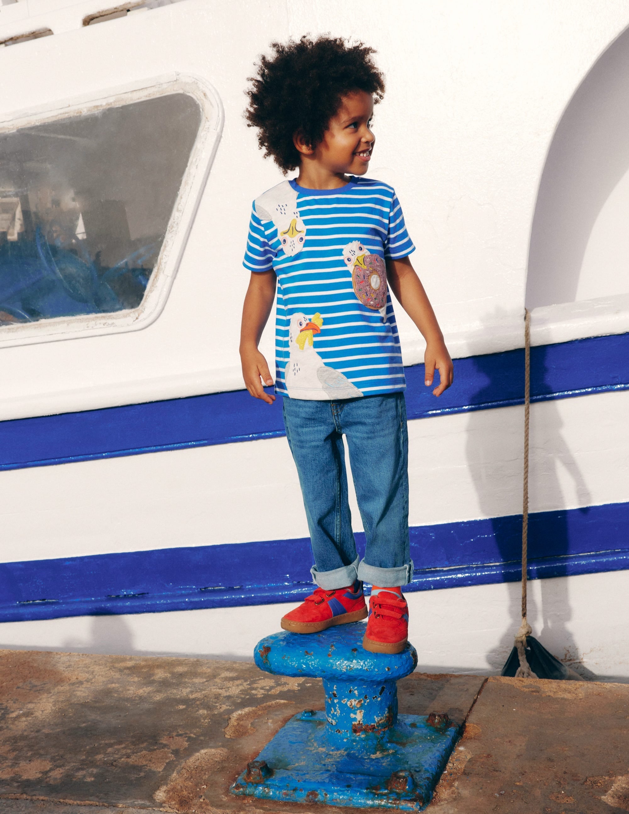 Short Sleeve Appliqué T-shirt-Gallery Blue Stripe Seagulls - Image 1