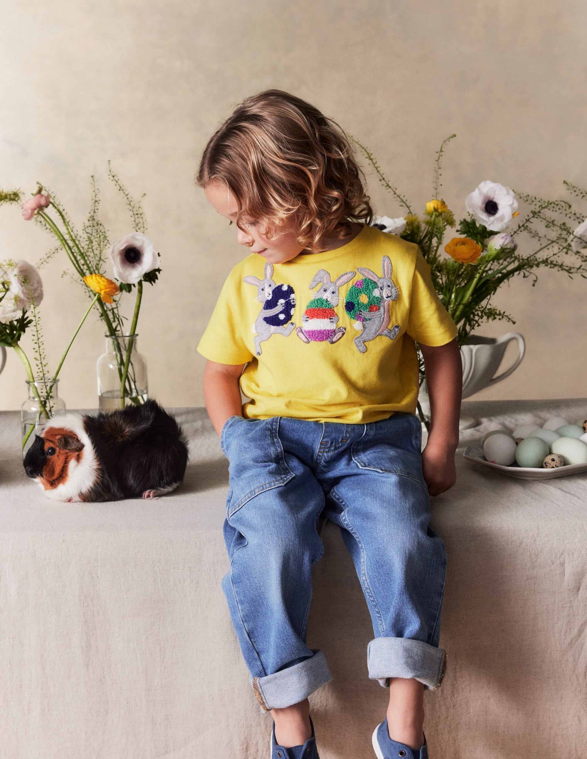 Short Sleeve Appliqué T-shirt-Lemon Yellow Bunnies - Image 1