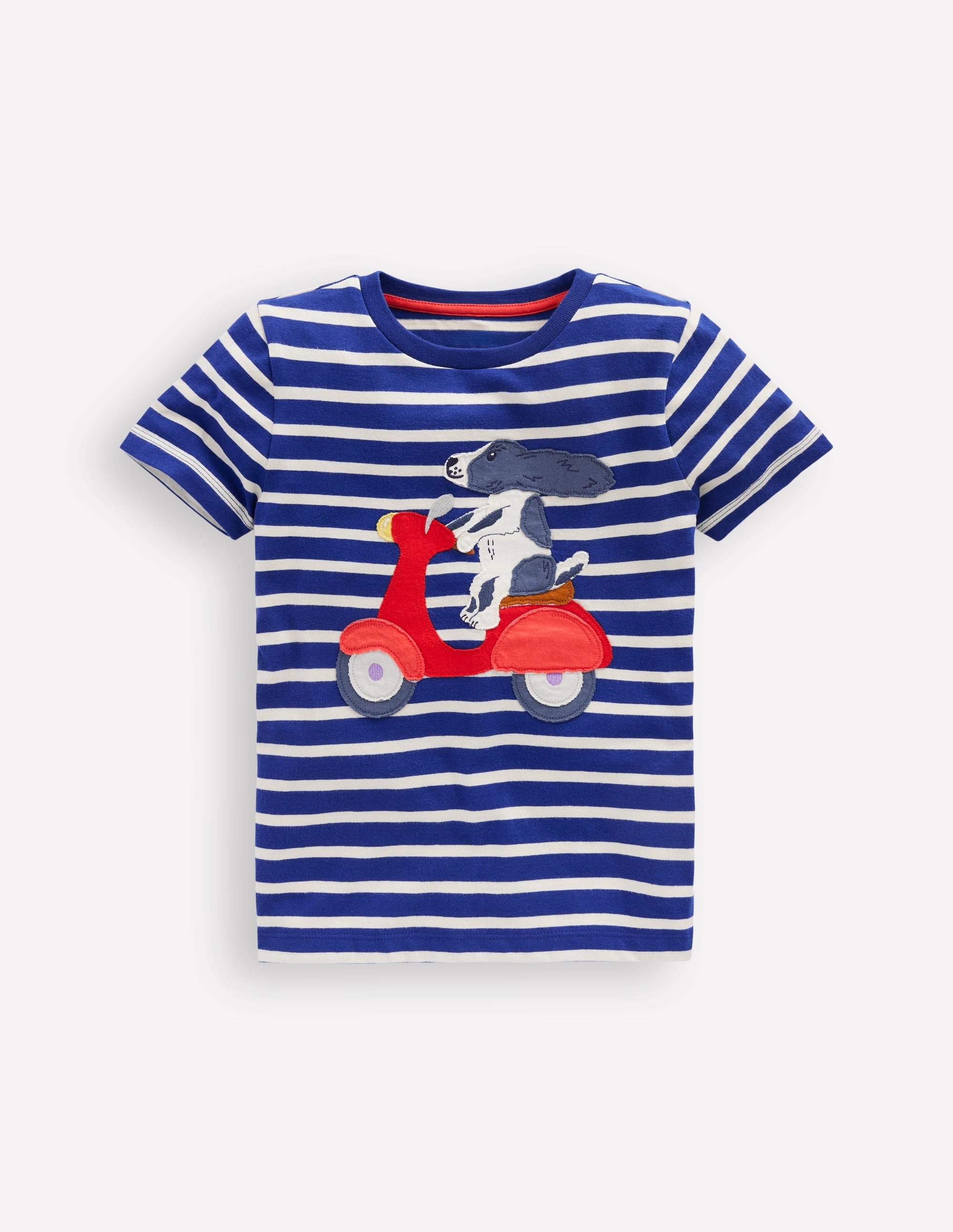 Short Sleeve Appliqué T-shirt-Caribbean Blue Stripe Dog - Image 1