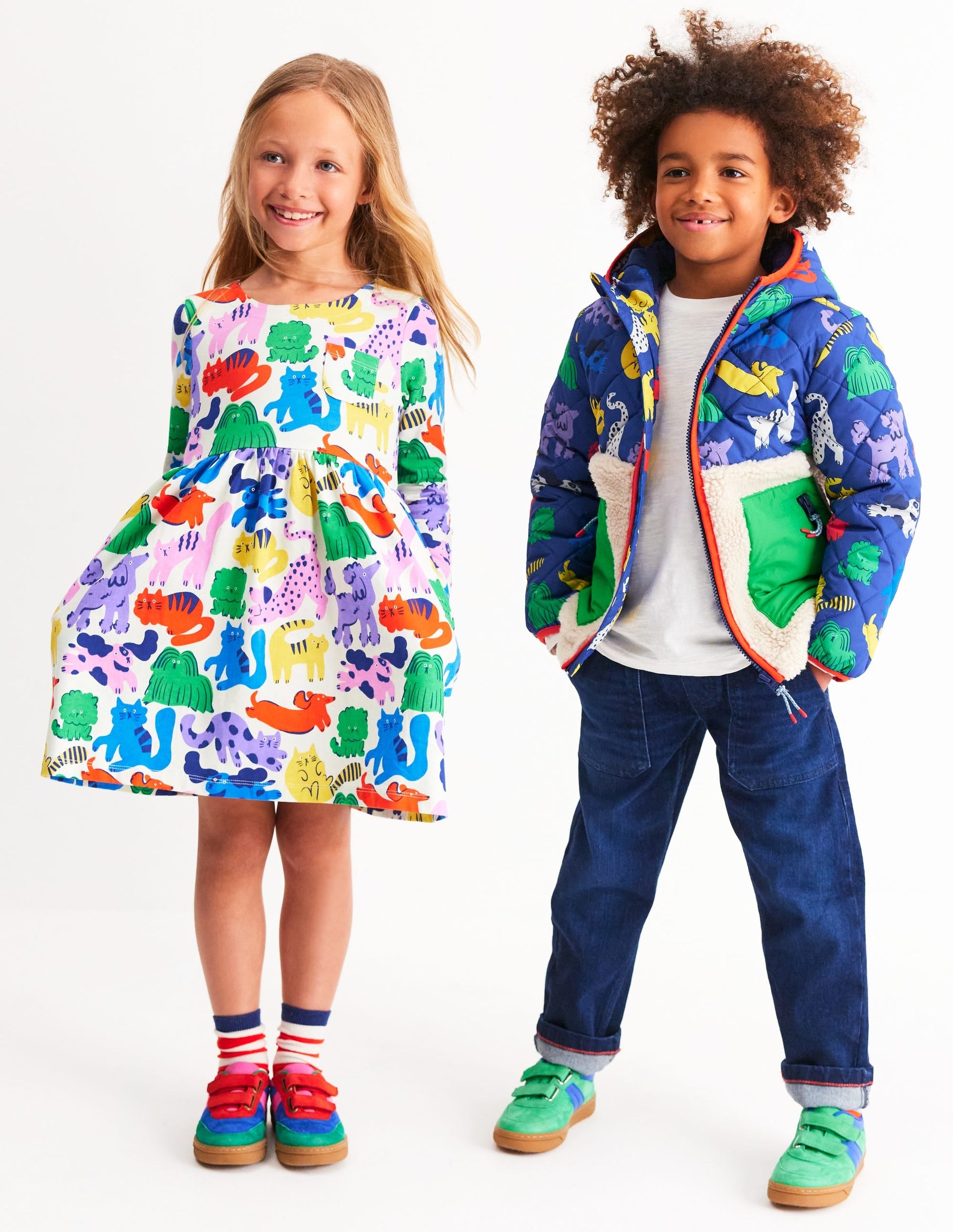 Long-Sleeved Fun Jersey Dress-Multi Oatmeal Rainbow Pets-5