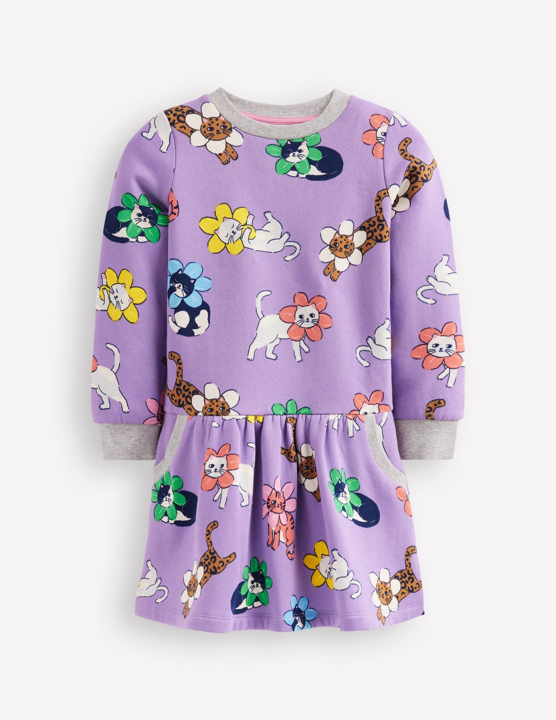 Cosy Printed Sweatshirt Dress-Aster Purple Flower Cat-1