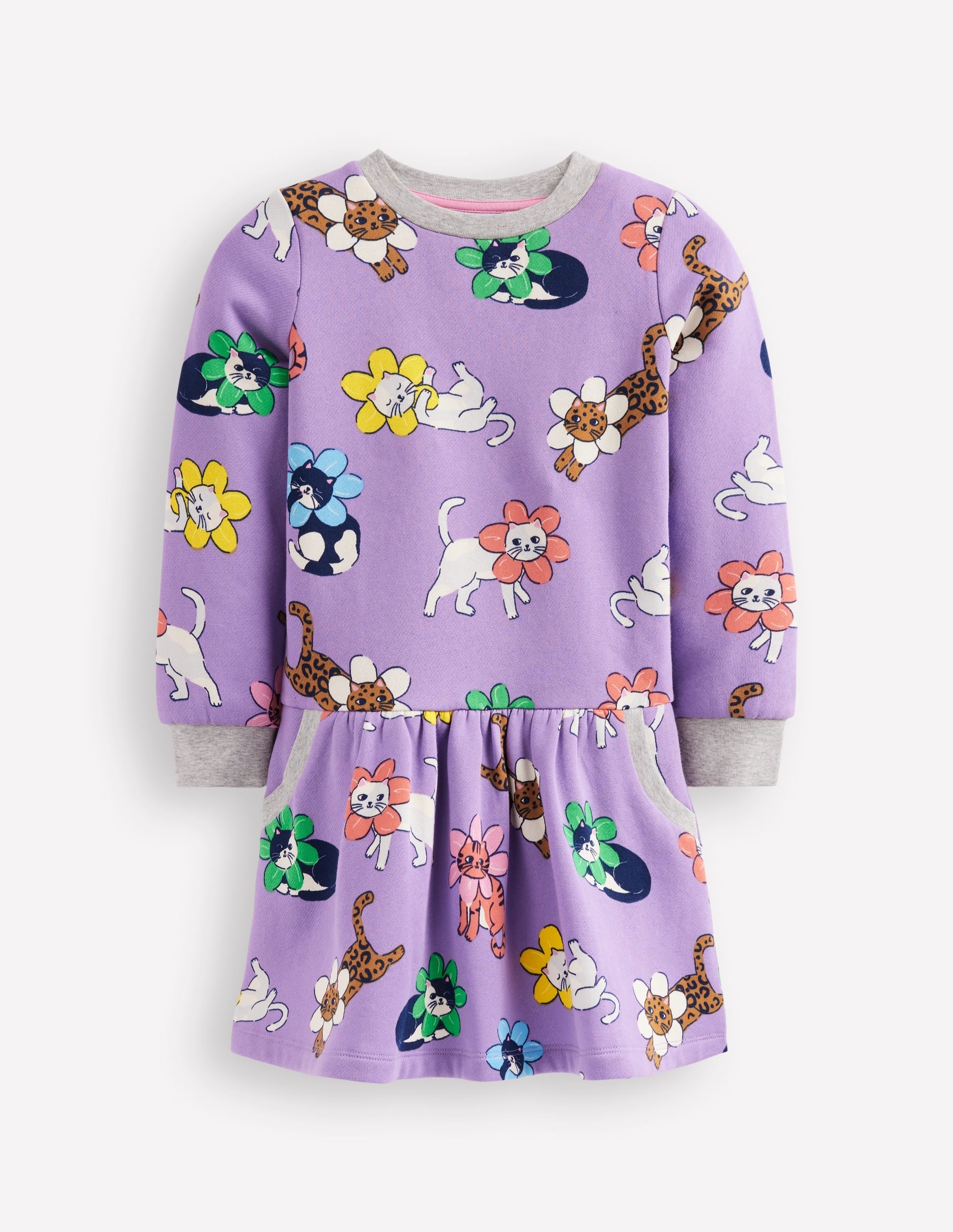 Cosy Printed Sweatshirt Dress-Aster Purple Flower Cat - Image 1