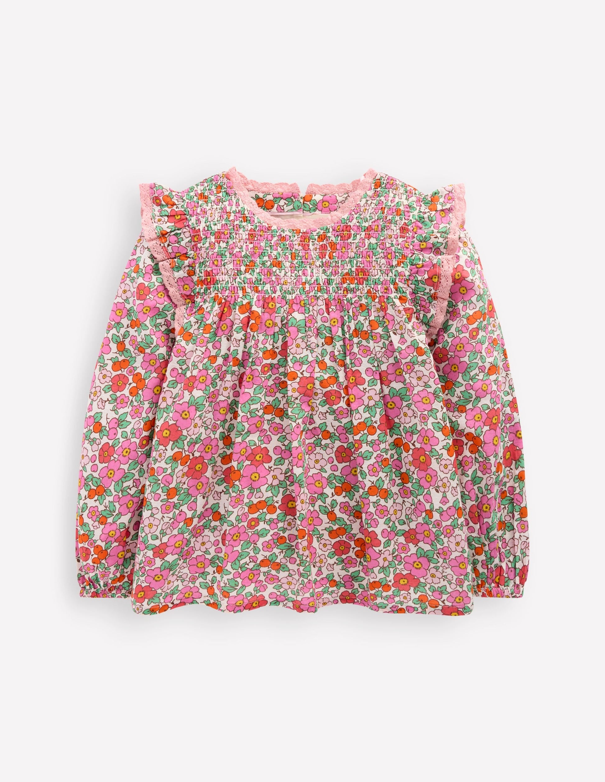 Smocked Ruffle Blouse-Pink Apple Blossom Floral-1