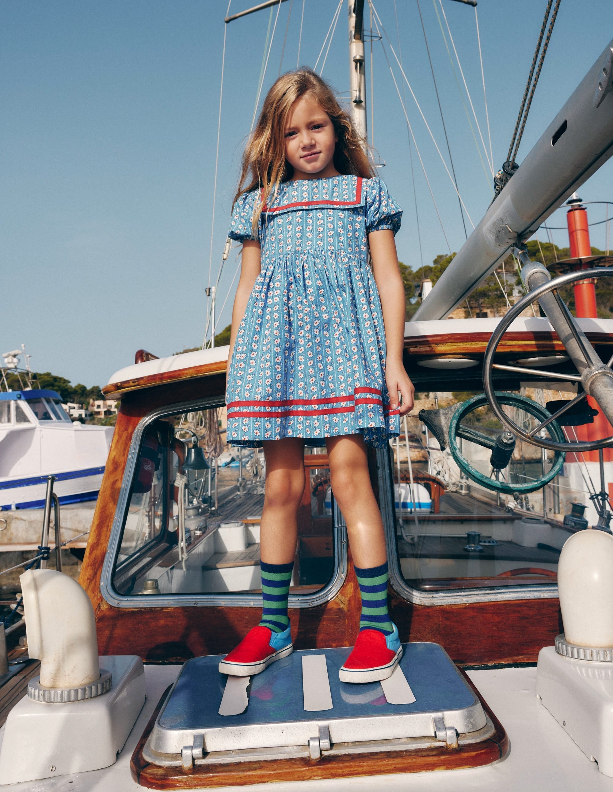 Heritage Sailor Dress-Arctic Blue Daisy Stripe - Image 1