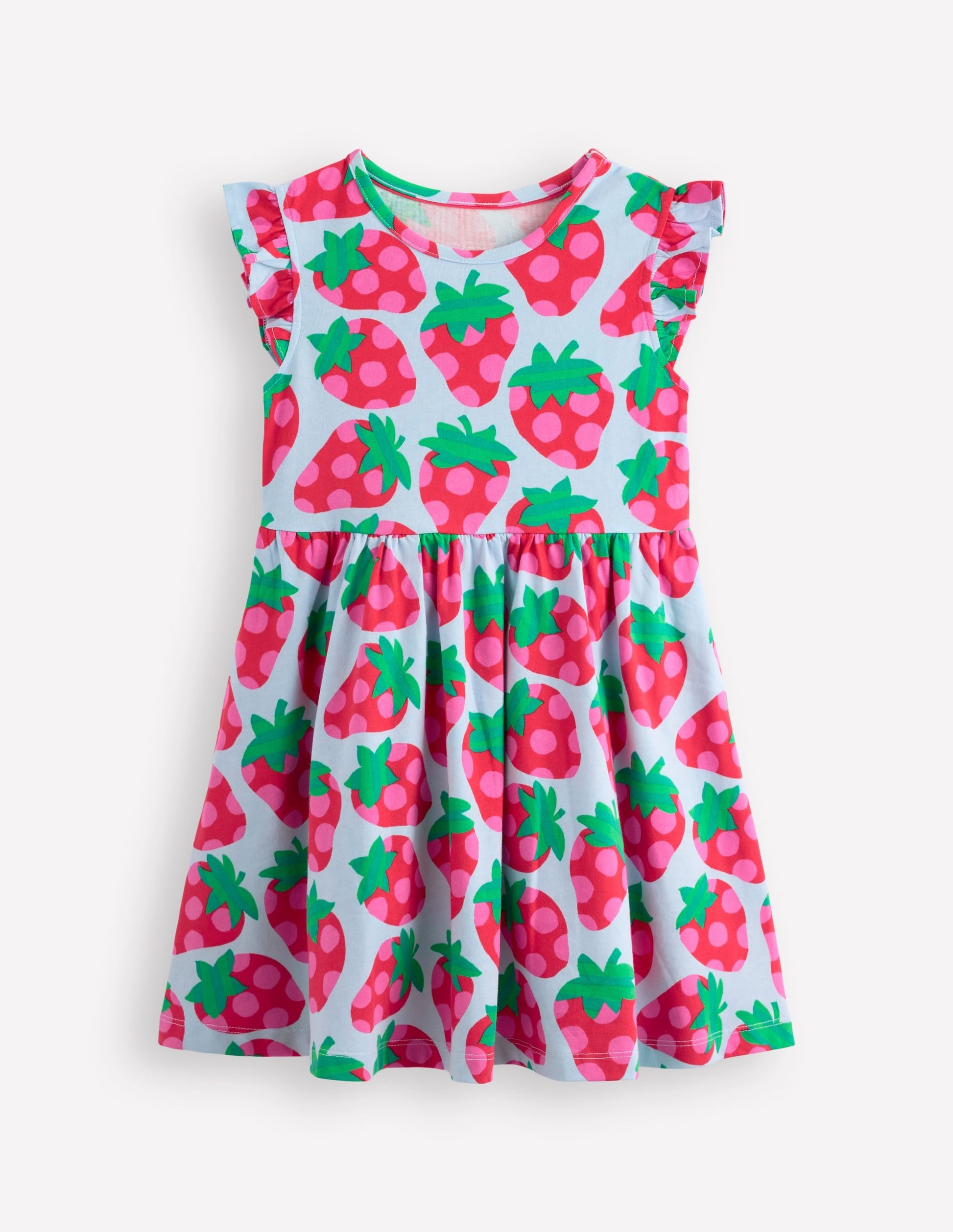Frill Sleeve Jersey Dress-Misty Blue Spotty Strawberry-1