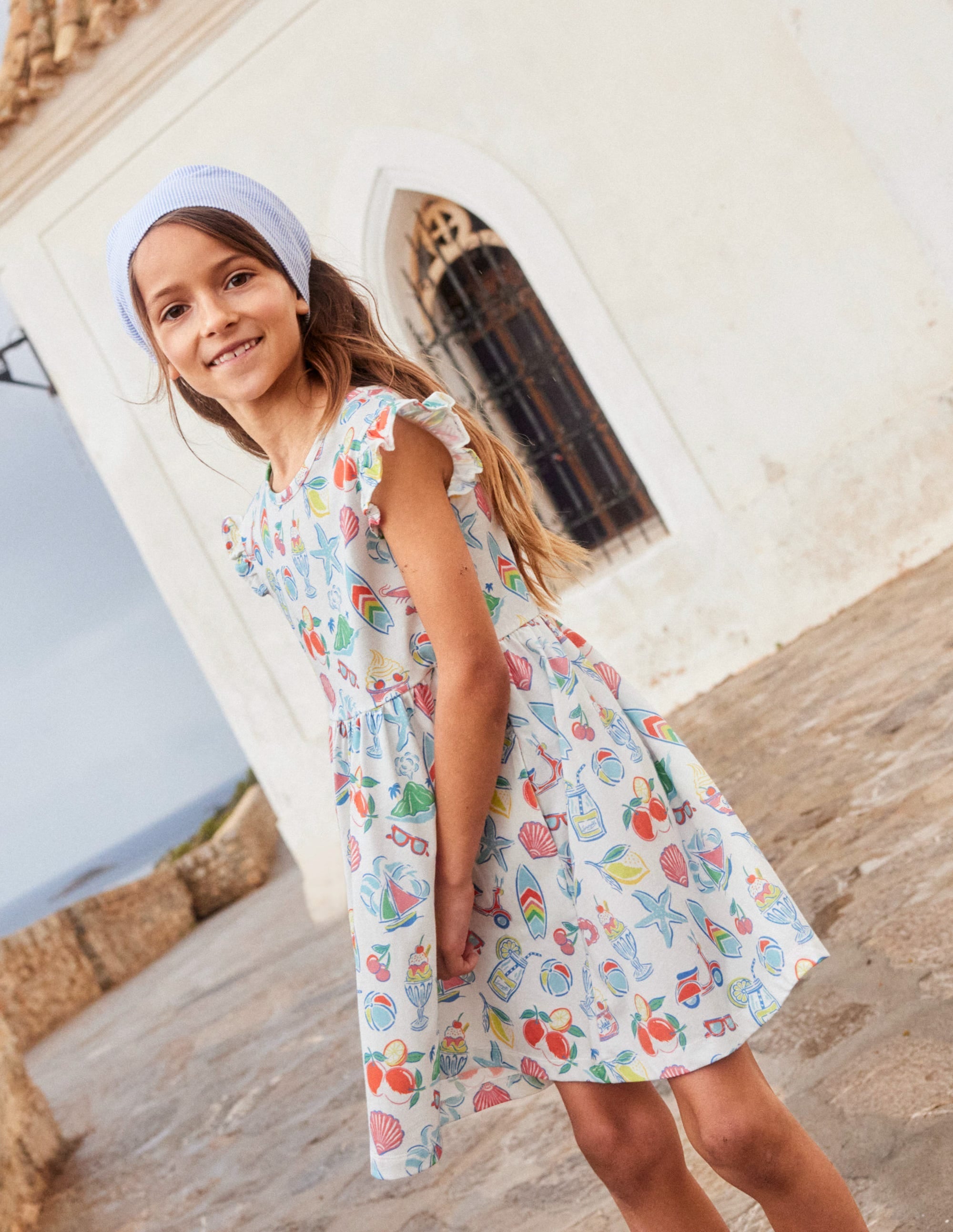 Frill Sleeve Jersey Dress-Ivory Holiday Print - Image 1