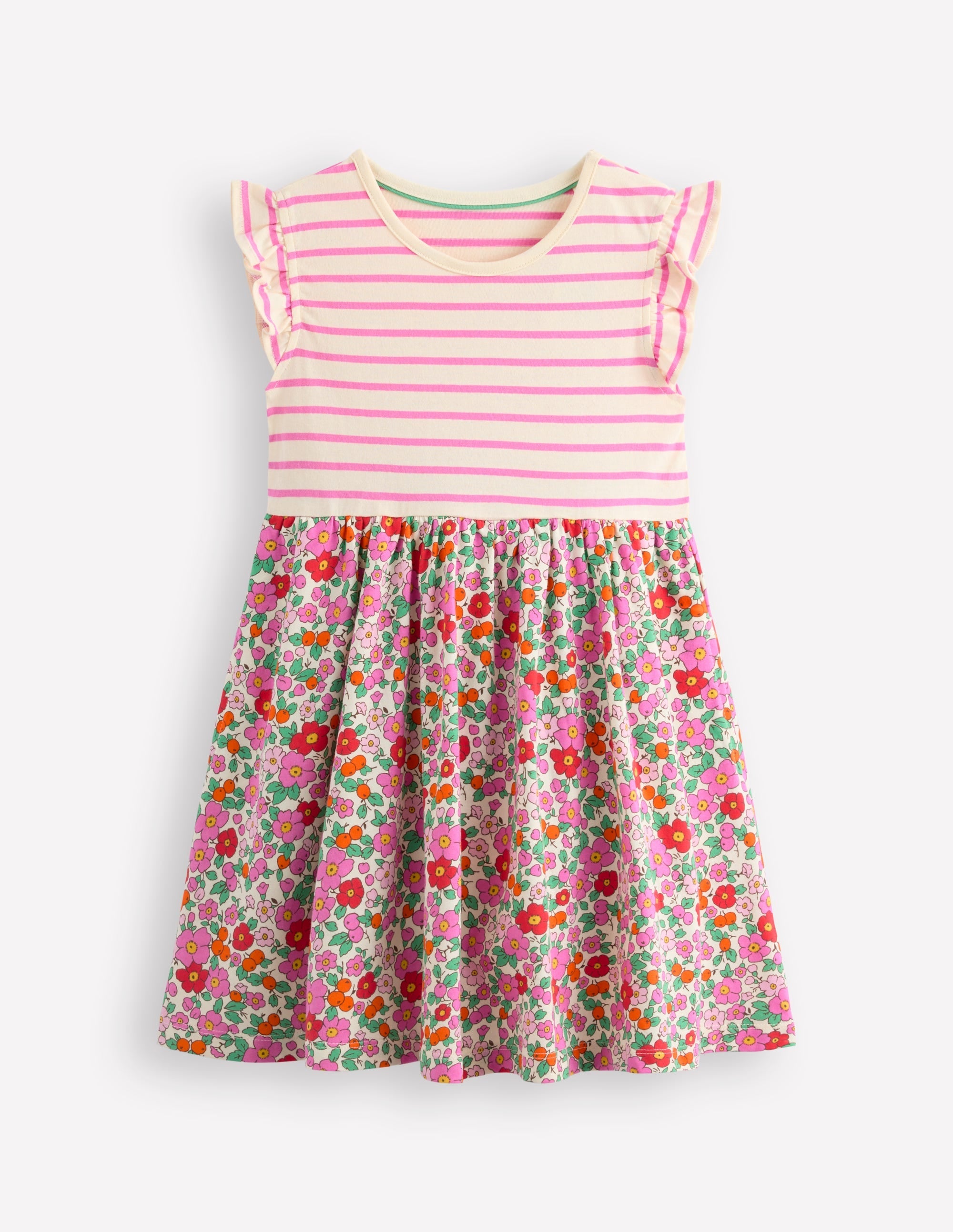 Frill Sleeve Jersey Dress-Pink Apple Blossom Floral - Image 1