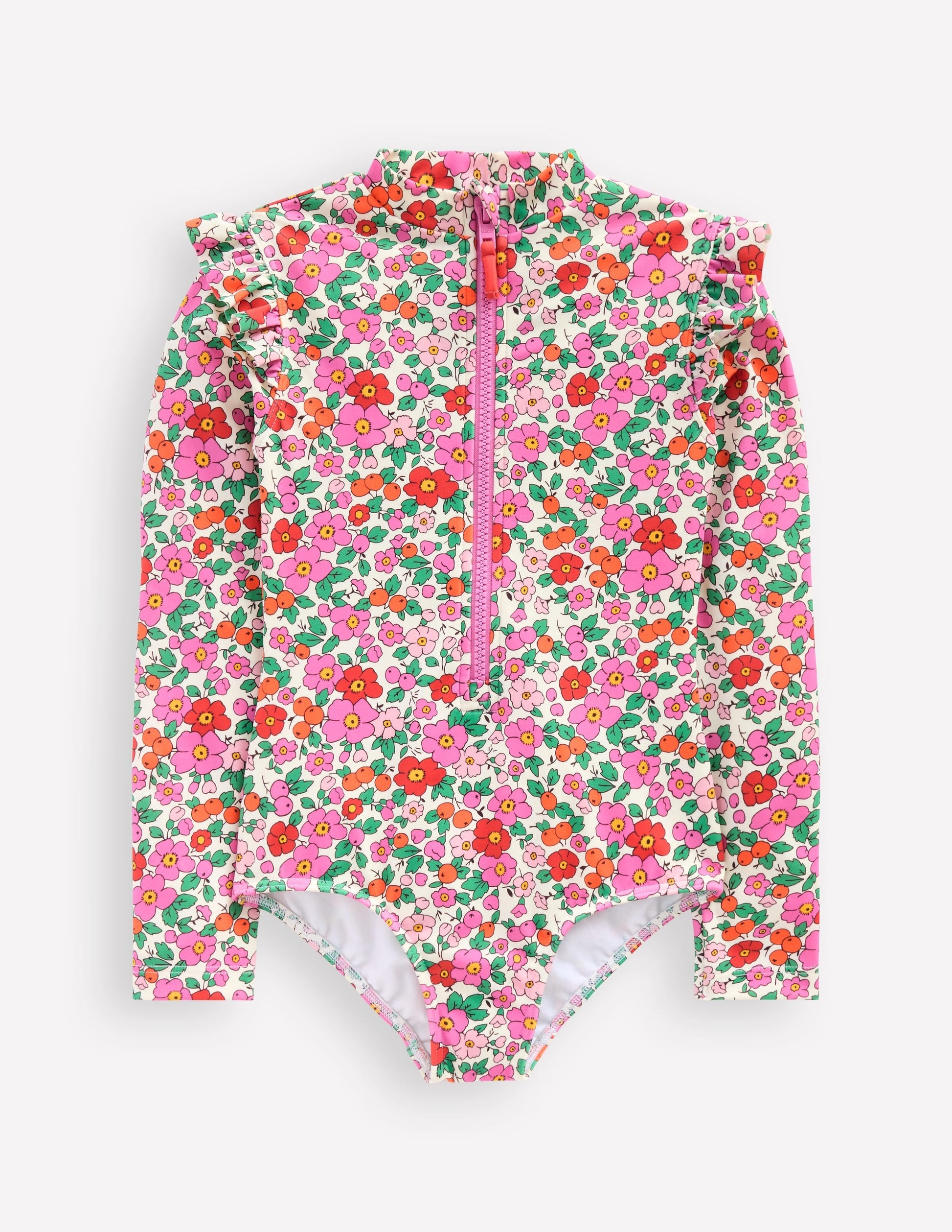 Frill Long Sleeved Swimsuit-Pink Apple Blossom Floral-1