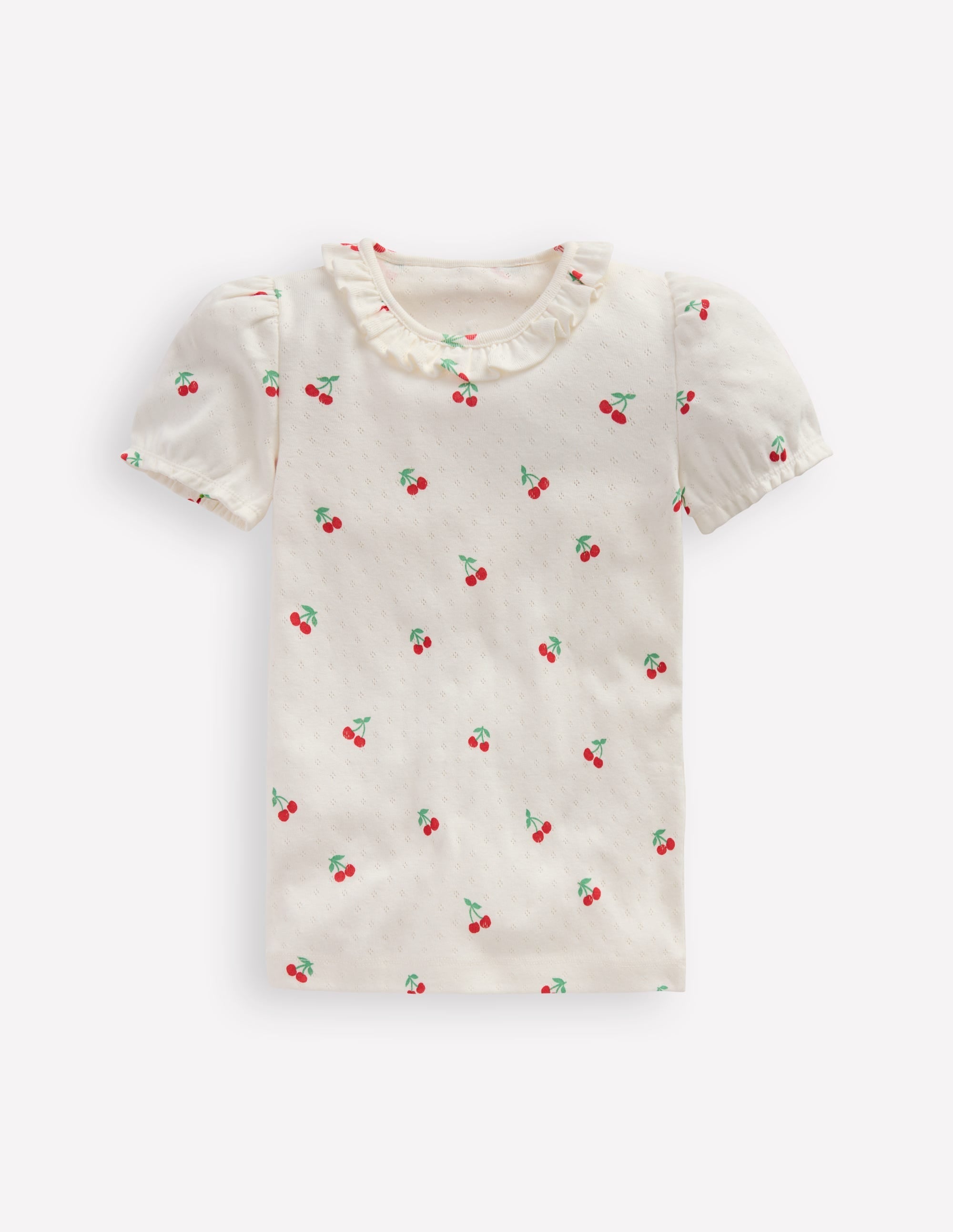 Short-sleeved Ruffle Pointelle-Ivory Cherries - Image 1