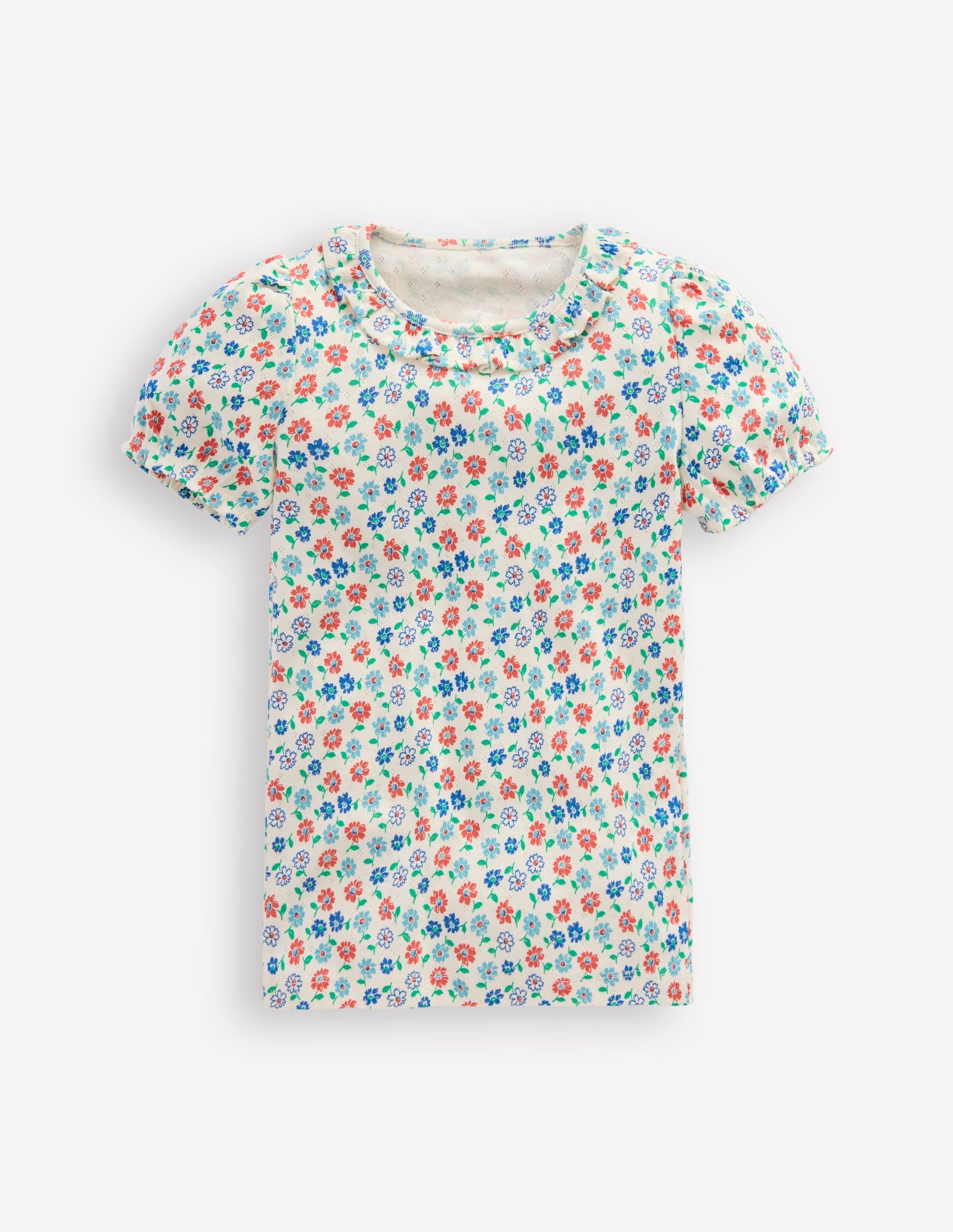 Short-sleeved Ruffle Pointelle-Vanilla White Vintage Daisy-2