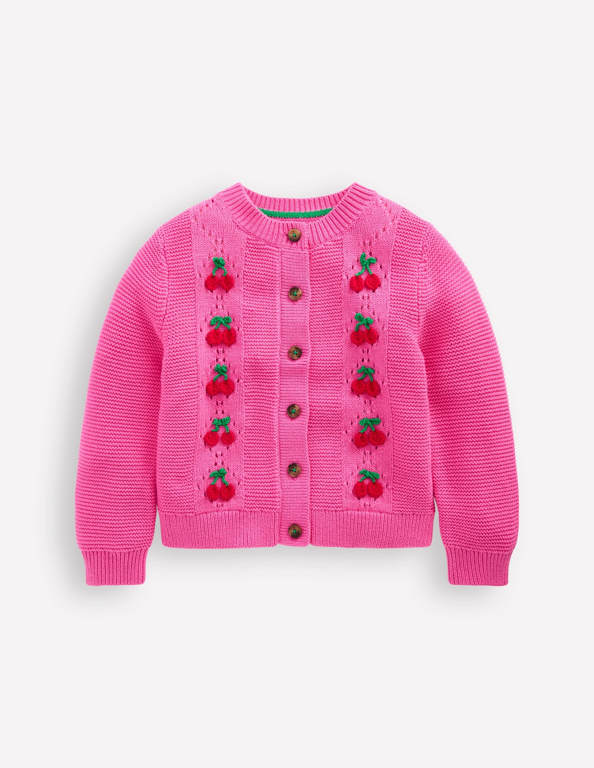 Embroidered Pointelle Cardigan-Rose Petal Pink Cherries - Image 1