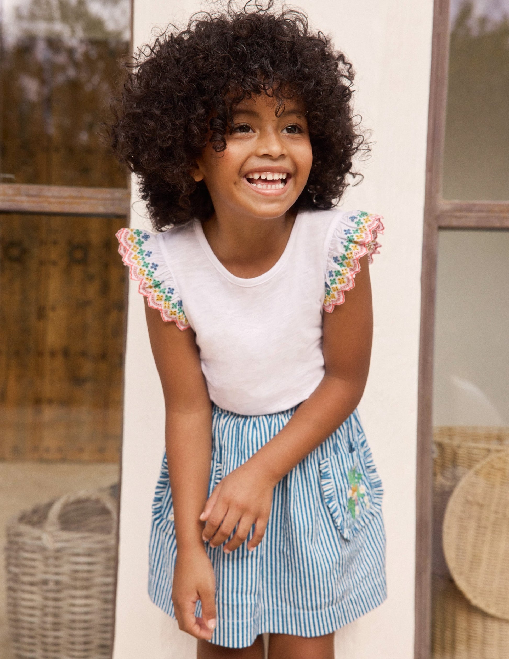 Applique Pocket Skirt-Blue Ticking Floral Stripe-1