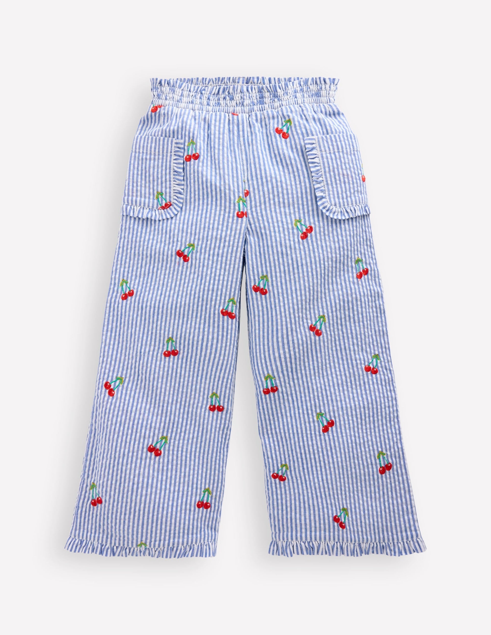 Nostalgic Frill Trousers-Blue Ticking Cherries-3