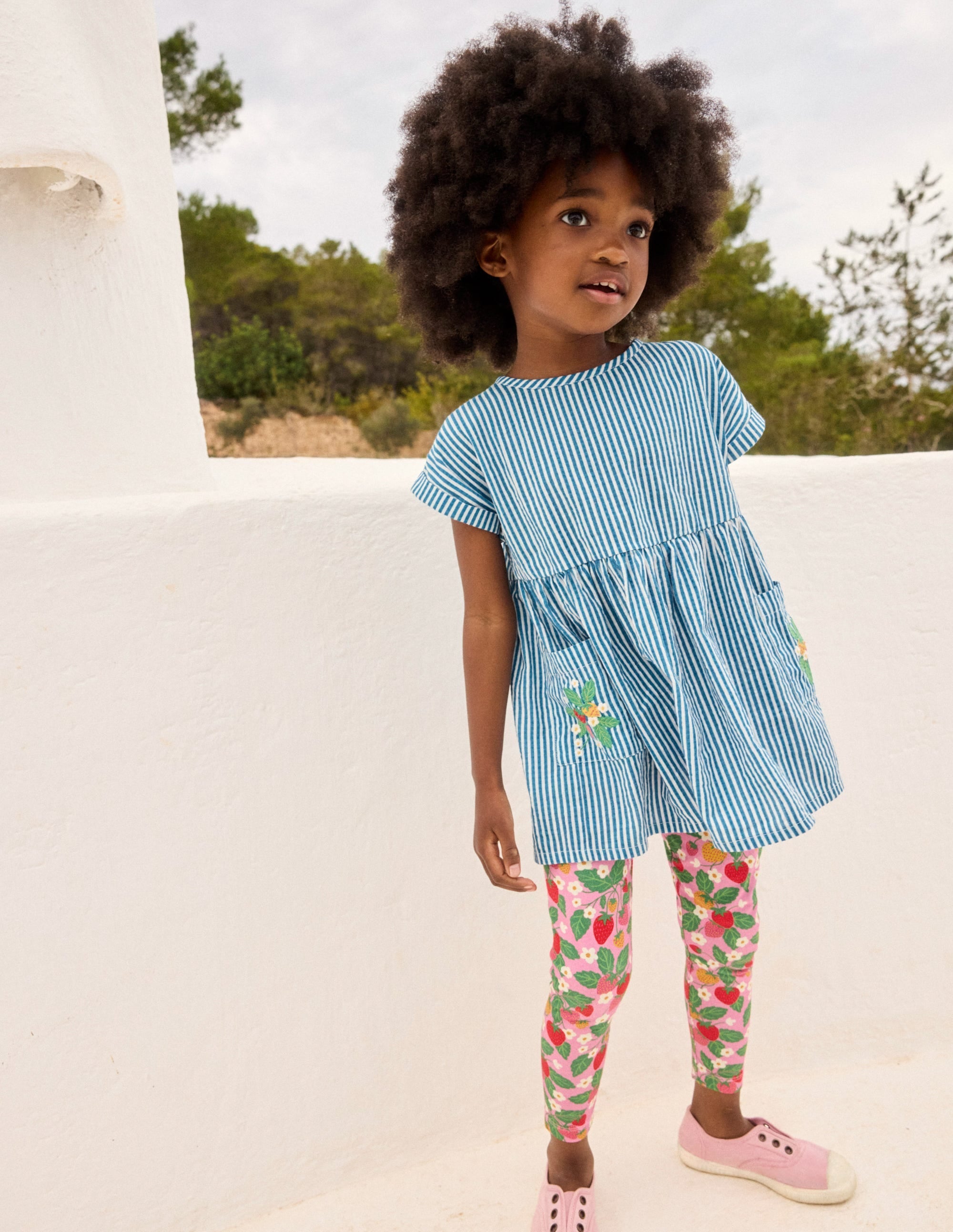 Short-sleeved woven tunic-Ticking Blue Embroidery - Image 1